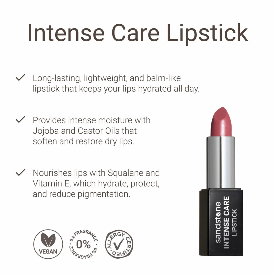 Sandstone Scandinavia Intense Care Lipstick - a hypoallergenic, gluten free, caring formula, with active and moisturizing ingredients. (44 Summer Rose, 3,5 g)