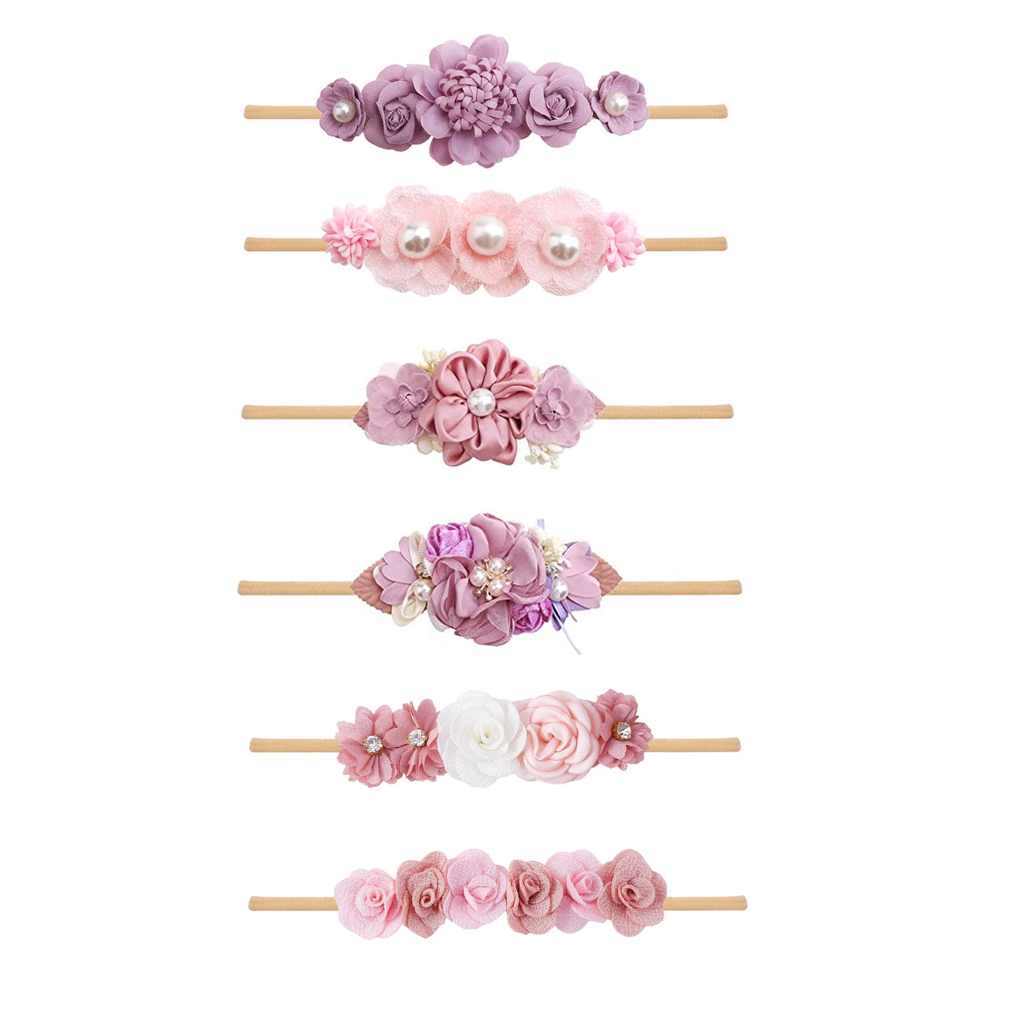 NUWAJP Baby Girl Flower Headband 6 PCS Elastic Hairbands Handmade Nylon Bows Headbands Chic Floral Hair Accessories Kids Gifts for Newborn Infant Toddlers