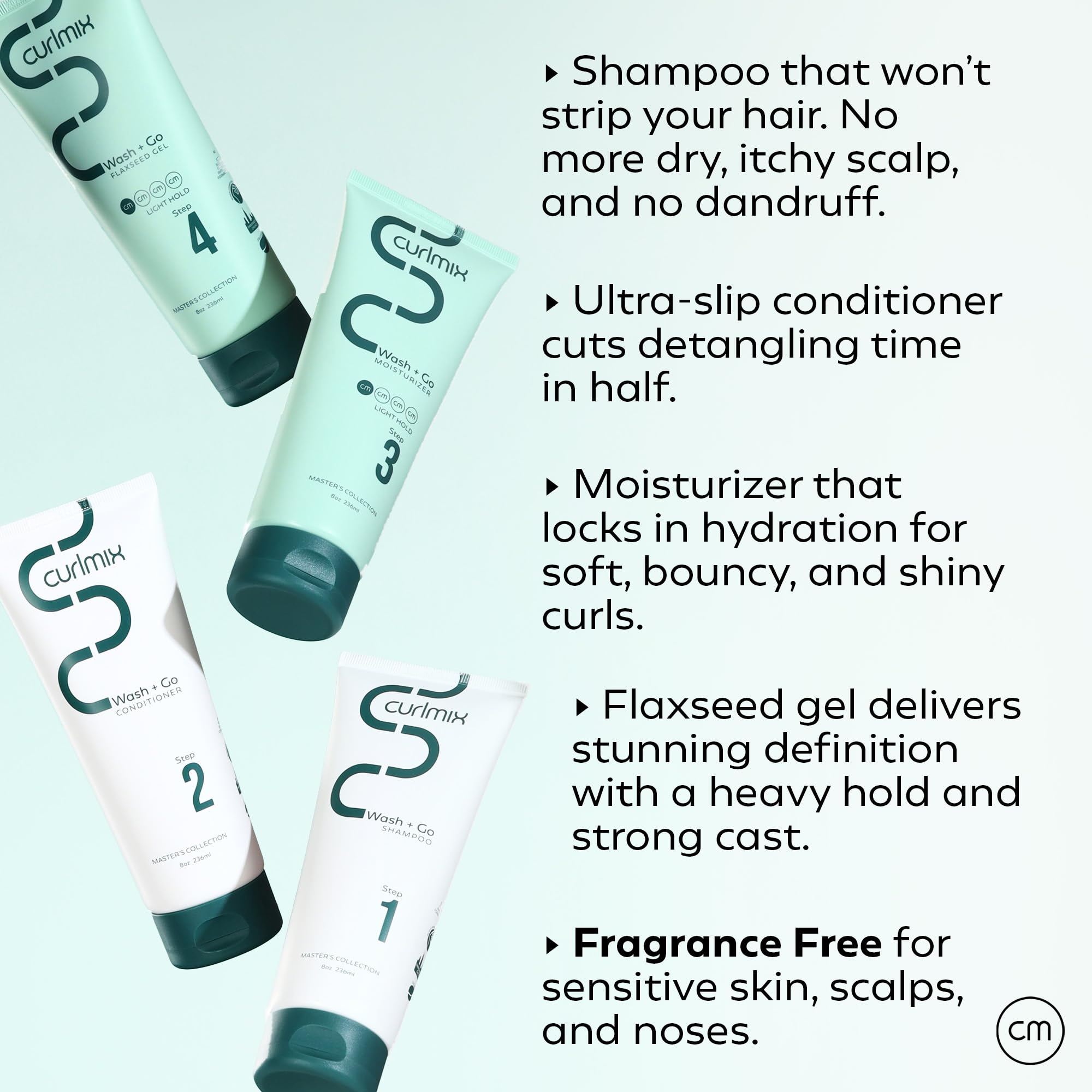 CurlMix Wash & Go System - Travel Size Sample Curly Hair Shampoo & Conditioner Set with Moisturizer & Flaxseed Gel - Fragrance Free - Heavy Hold