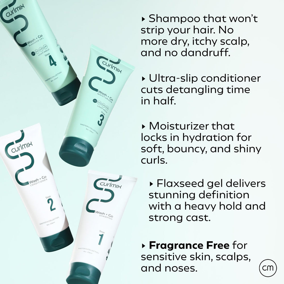 CurlMix Wash & Go System - Travel Size Sample Curly Hair Shampoo & Conditioner Set with Moisturizer & Flaxseed Gel - Fragrance Free - Heavy Hold