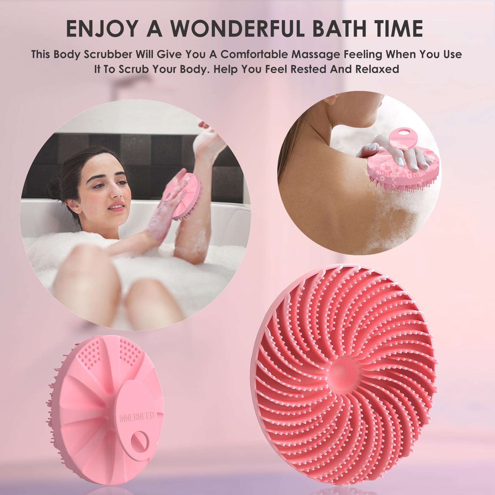 INNERNEED Food-Grade Silicone Body Scrubber Bath Shower Cleansing Brush, Gentle Exfoliating and Massaging, Nice Foaming, Last Longer (Pink)