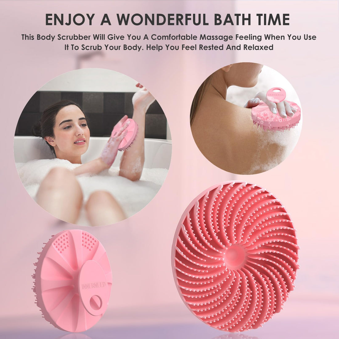 INNERNEED Food-Grade Silicone Body Scrubber Bath Shower Cleansing Brush, Gentle Exfoliating and Massaging, Nice Foaming, Last Longer (Pink)