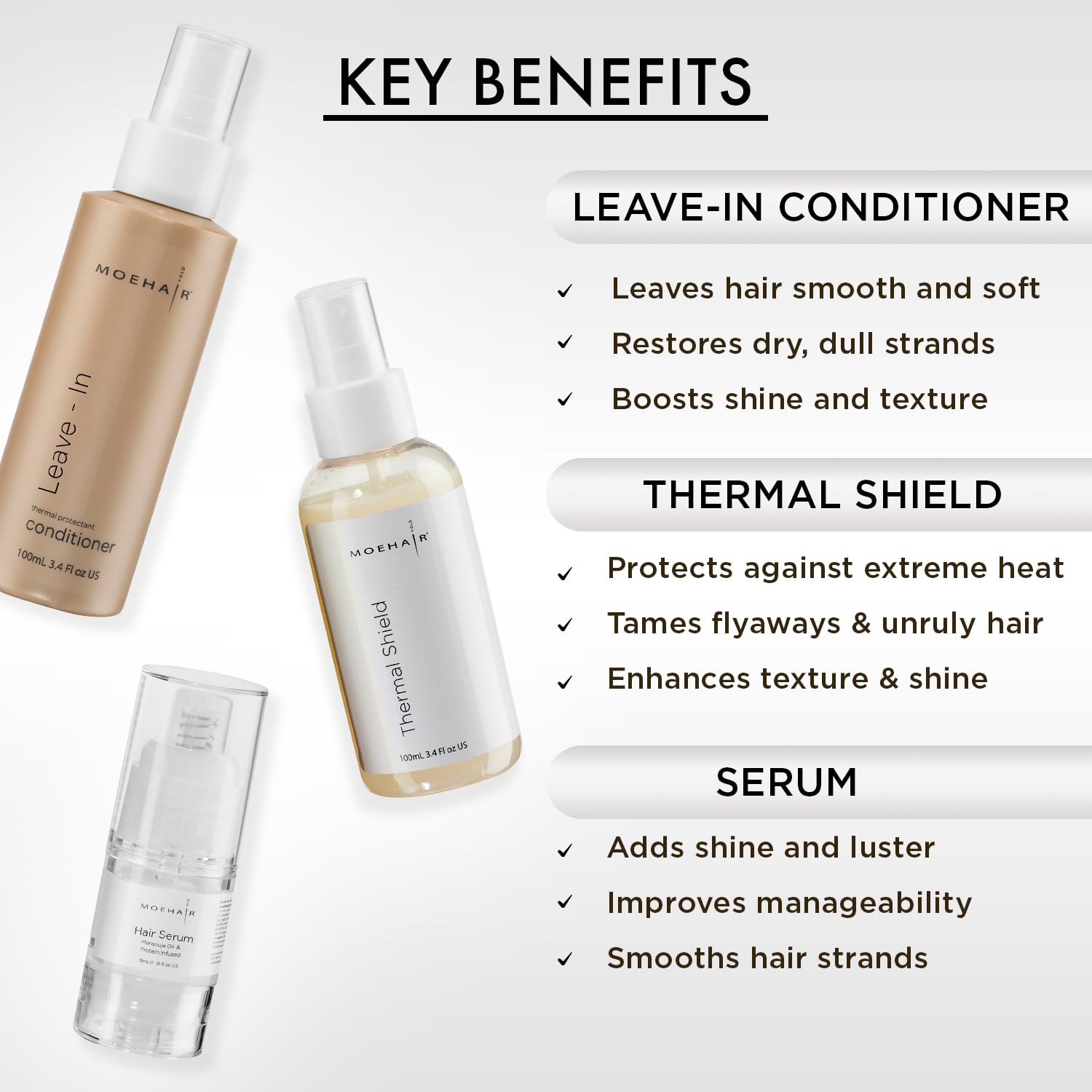 MOEHAIR Travel Trio Pack: Leave-in Conditioner & Thermal Shield Spray 3.4 Fl Oz each, and Hair Serum (0.5 Fl Oz) | Deep Conditioning and Heat Protectant Set