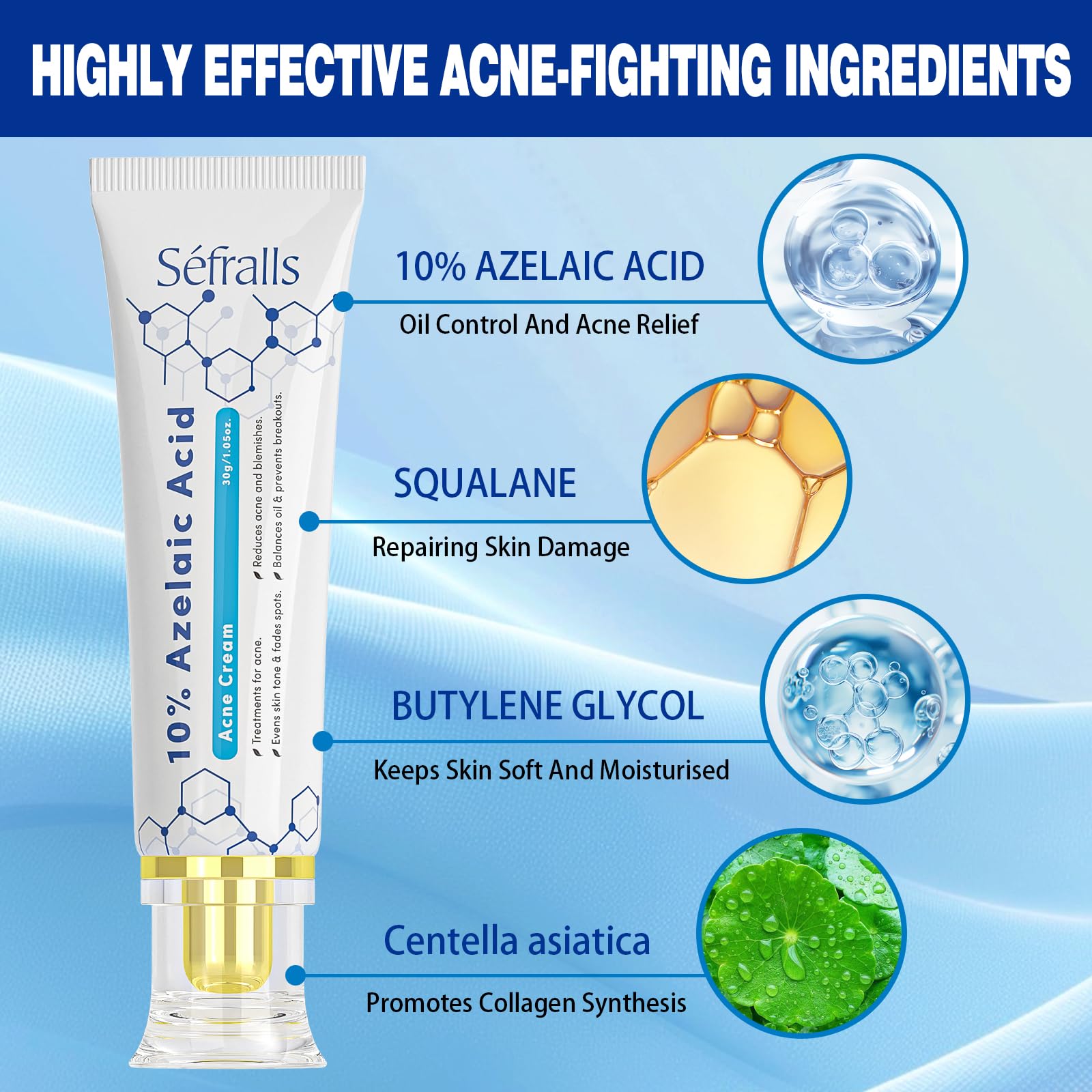Sefralls 10% Azelaic Acid Acne Cream, Premium Azelaic Acid Facial Cream - Redness Relief For Face, Redness Reducing Skin Care, Prevents Acne Breakouts, Ease Pimple Clarify Skin Soothe Irritation,1 Oz