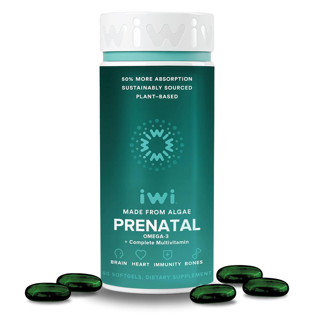 Iwi Life Prenatal Multivitamin, 60 Softgels (30 Servings), Vegan, Plant-Based Algae Omega 3 with EPA + DHA, Folate, Iron, Vitamin A, B12, C, D3, Calcium, Pregnancy Dietary Supplement for Mom & Baby