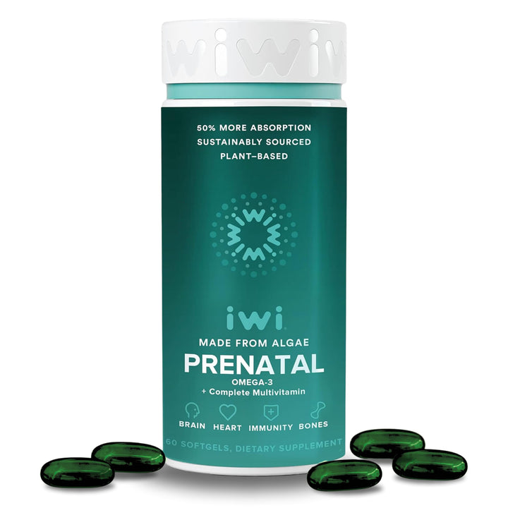 Iwi Life Prenatal Multivitamin, 60 Softgels (30 Servings), Vegan, Plant-Based Algae Omega 3 with EPA + DHA, Folate, Iron, Vitamin A, B12, C, D3, Calcium, Pregnancy Dietary Supplement for Mom & Baby