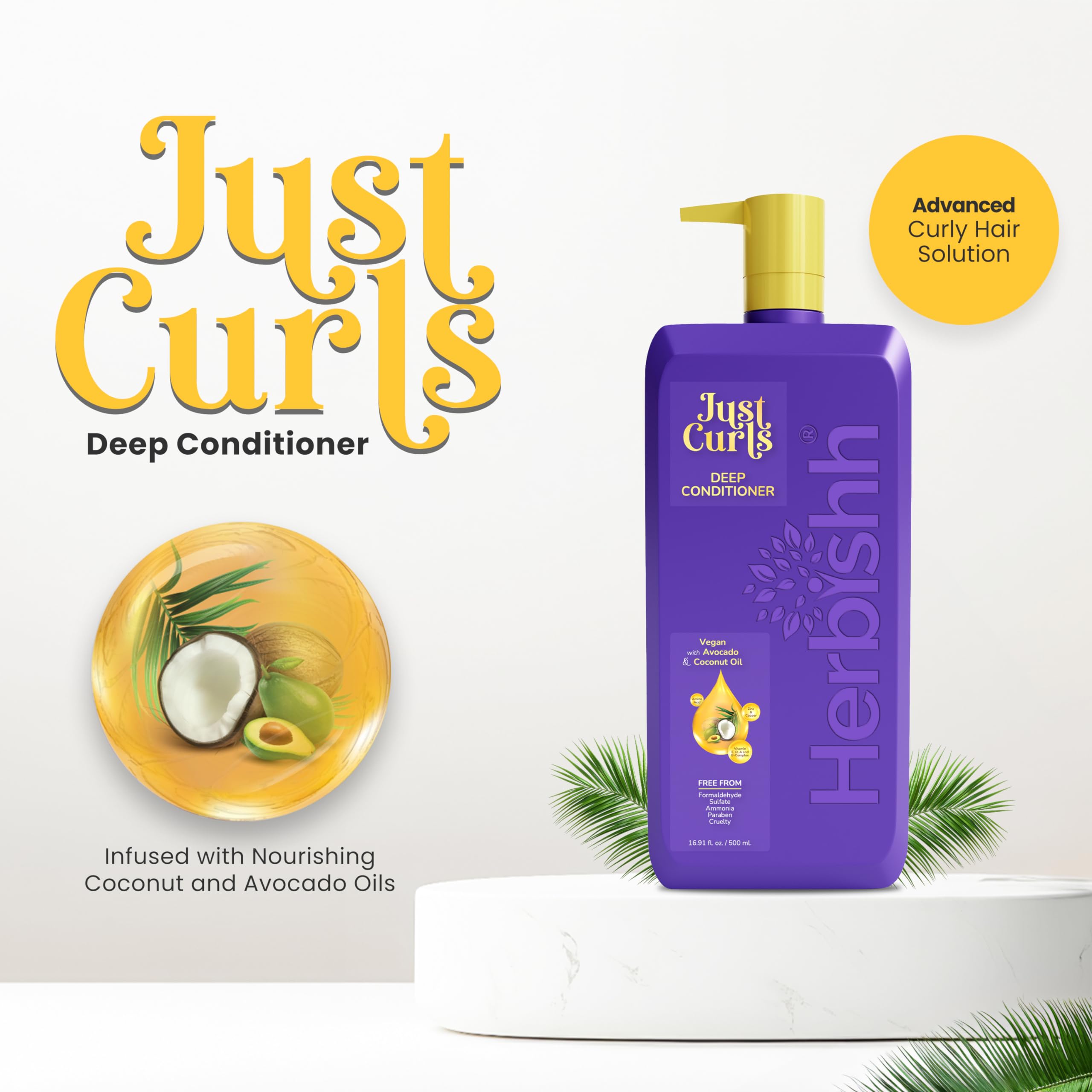 Herbishh Just Curls Deep Conditioner for Curly, Wavy Hair, 500ml, Avocado & Coconut Oil, Vegan, Curlfaction & Dry Damaged, Detangler