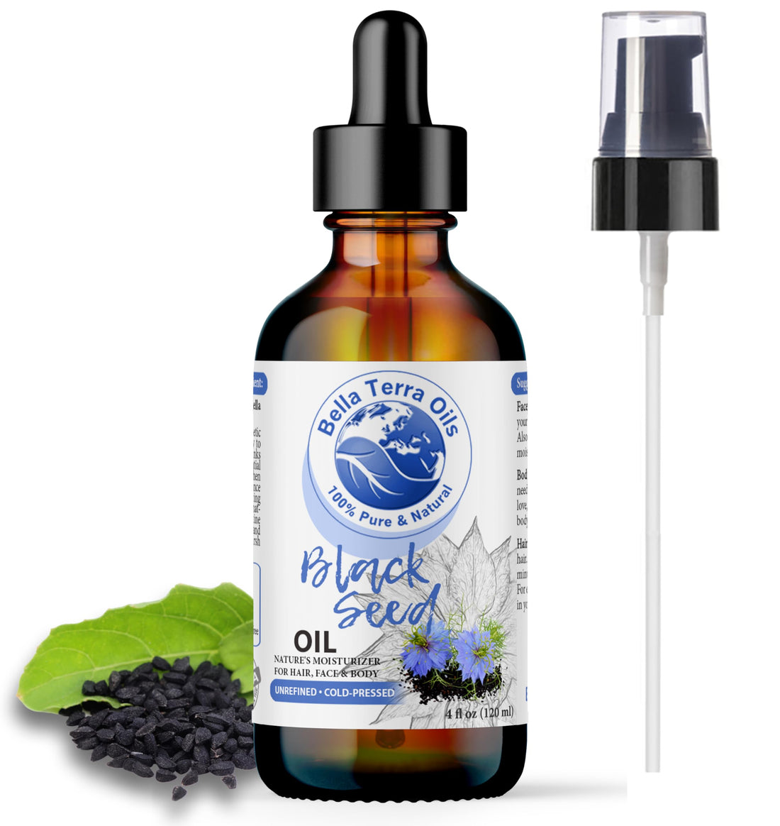 NEW Black Seed Oil. 4oz. Cold-pressed. Unrefined. Organic. 100% Pure. Nigella Sativa Black Cumin Oil. Hexane-free. Antioxidant-rich. Natural Moisturizer. For Hair, Face, Body, Nails, Stretch Marks.
