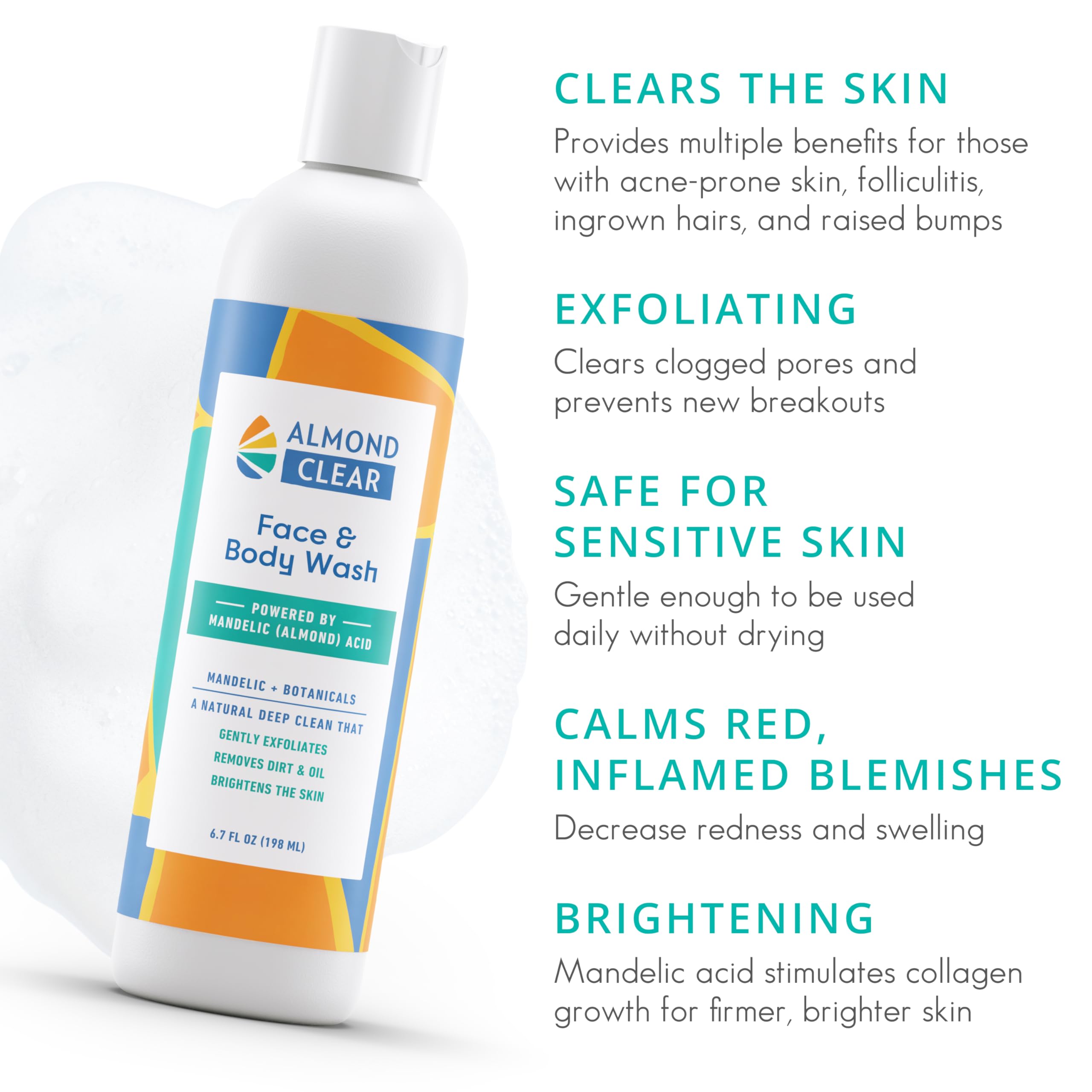 Almond Clear Face & Body Wash | for acne & folliculitis-prone skin, anti-aging, dark spots, ingrown hairs | everyday exfoliating cleanser with mandelic acid and botanicals, 6.7 fl oz