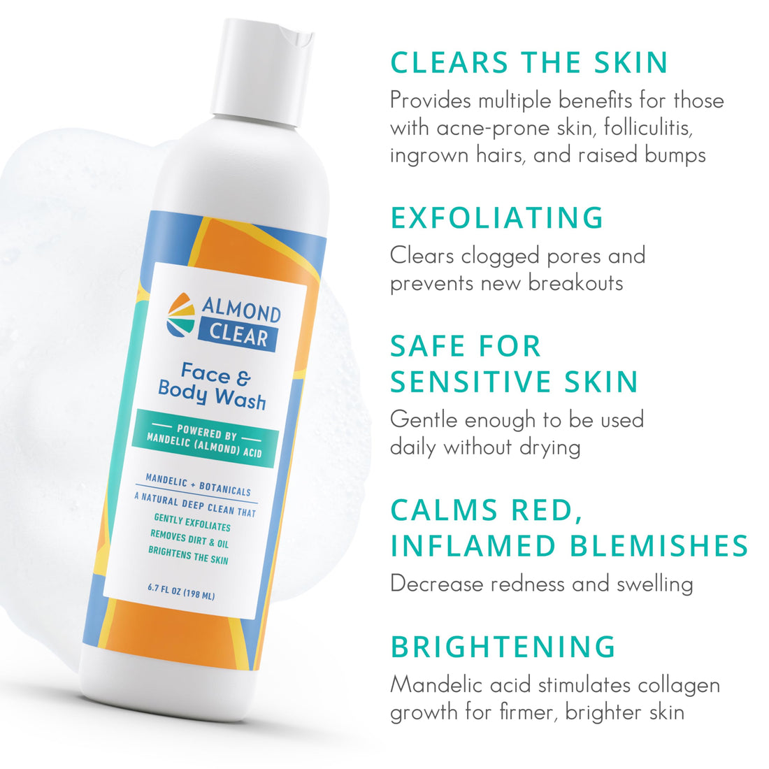 Almond Clear Face & Body Wash | for acne & folliculitis-prone skin, anti-aging, dark spots, ingrown hairs | everyday exfoliating cleanser with mandelic acid and botanicals, 6.7 fl oz
