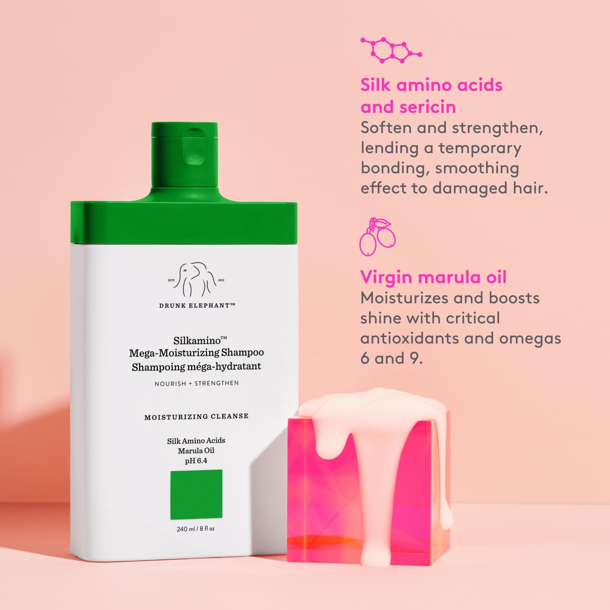 Drunk Elephant Silkamino Mega-Moisturizing Shampoo - 240 ml/8 fl oz - Silk Amino Acids - Clean Clinical - Sulfate-Free - Cruelty-Free - Dermatologist-Tested - Free of Essential Oils, Silicones, SLS
