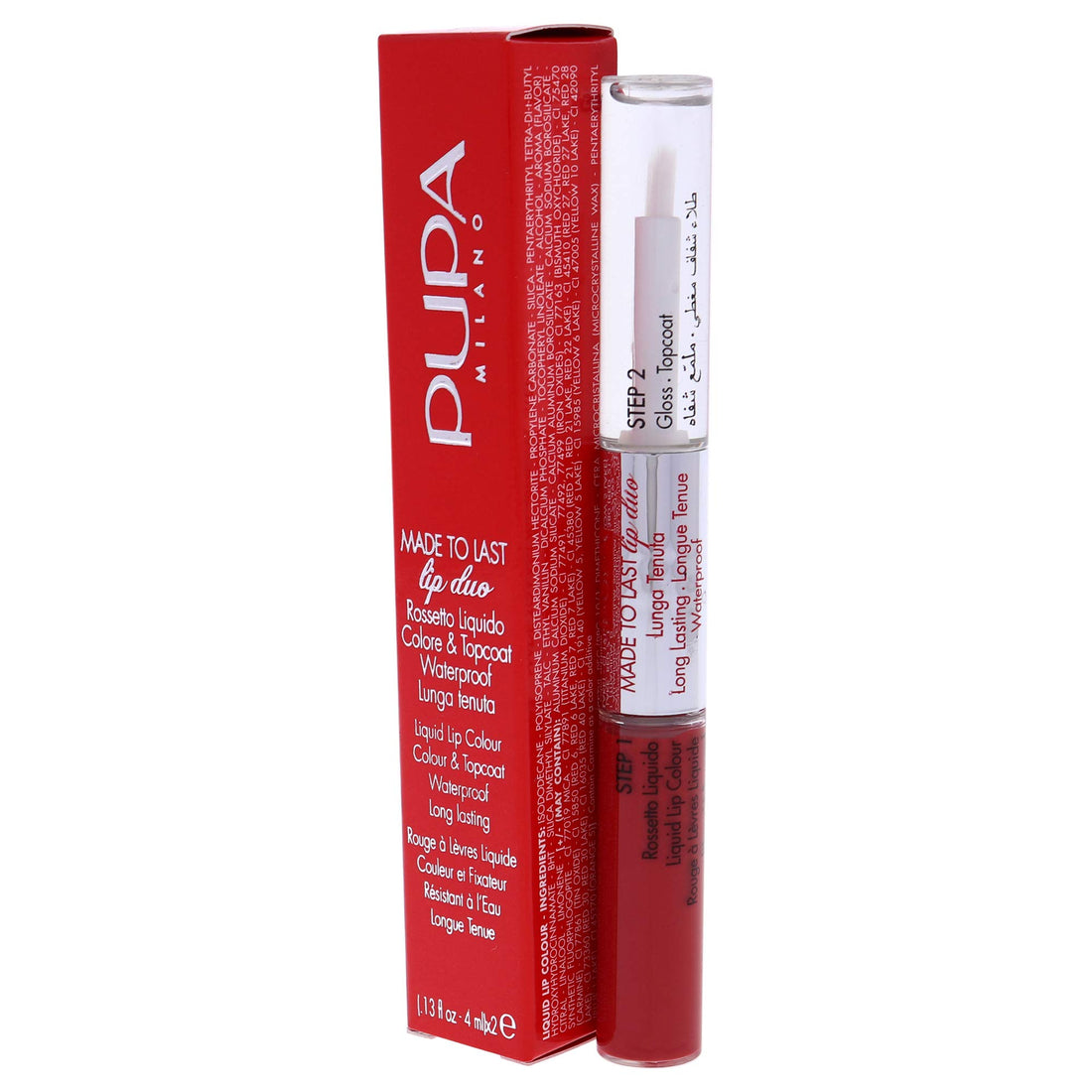 Pupa Milano Made To Last Lip Duo - Comfortable Liquid Lip Color with Top Coat - Waterproof - Long Lasting Hold - Ultra Shiny, Latex Effect Make-Up Result - 018 Imperial Red - 0.13 Oz,I0111658