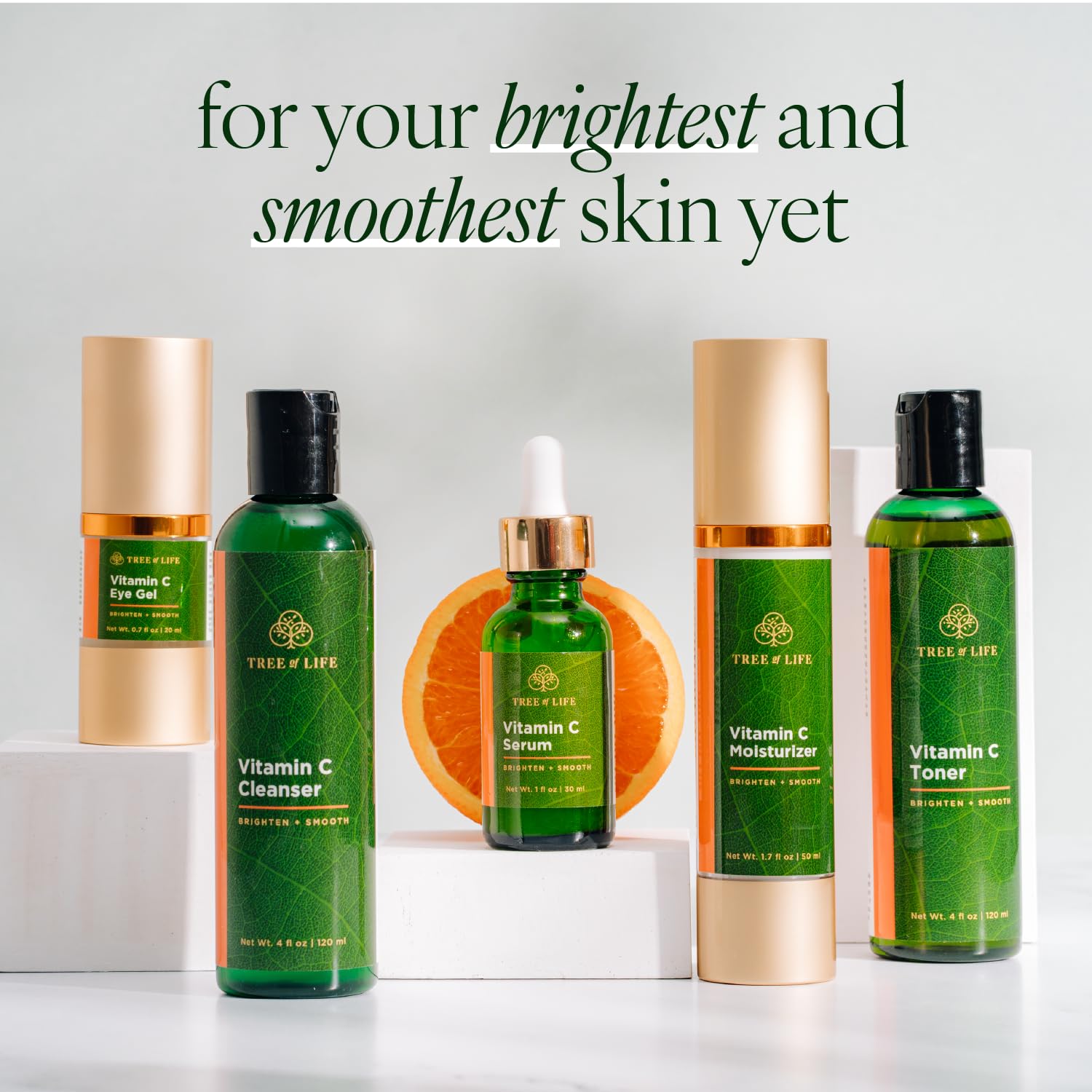 Tree of Life Beauty Vitamin C Brightening Complete (Pack of 5) Serum (1 Oz), Moisturizer Cream (1.7 Oz), Eye Gel (0.5 Oz), Toner (4 oz), Cleanser (4 oz), Renewing Face Dermatologist Tested Skin care