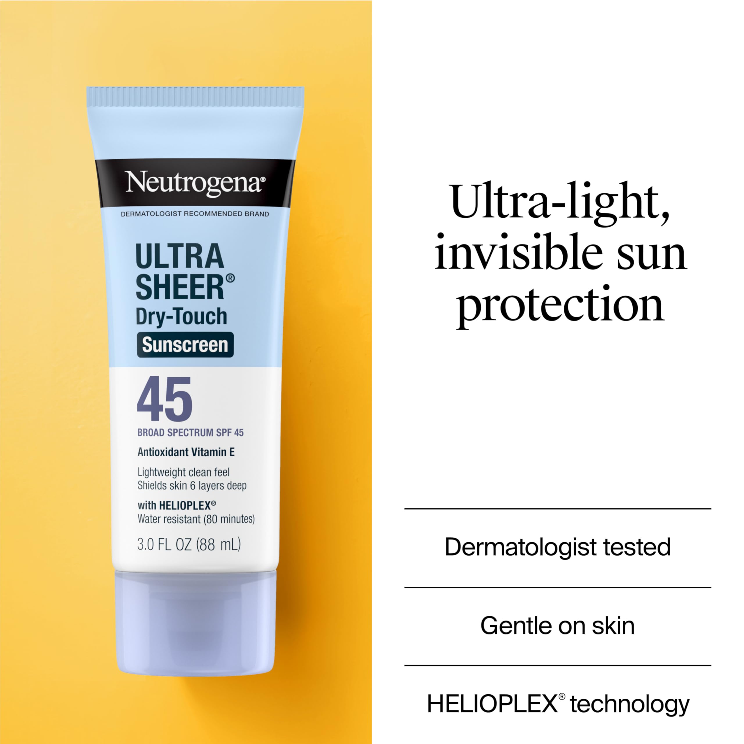 Neutrogena Ultra Sheer Dry-Touch Sunscreen For Face & Body, SPF 45 Broad Spectrum UVA/UVB Protection, Lightweight Water Resistant & Non-Greasy, Travel Size Sunscreen, 3 fl. oz 2 pack