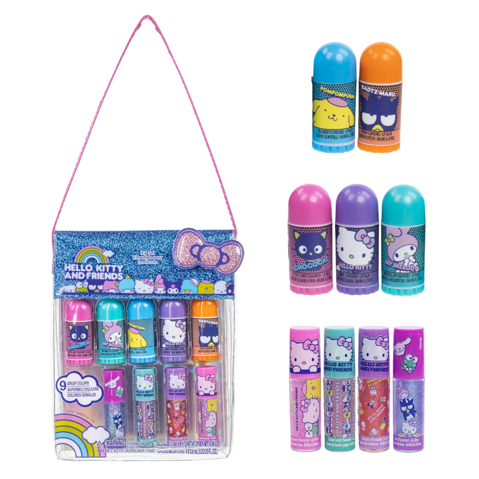 Townley Girl Hello Kitty and Friends 5 Pk Lip Balm and 4 Pk Lip Gloss Set w/Bag, Makeup Cosmetic Set for Kids and Girls, Ages 3+, Perfect for Parties, Sleepovers & Makeovers