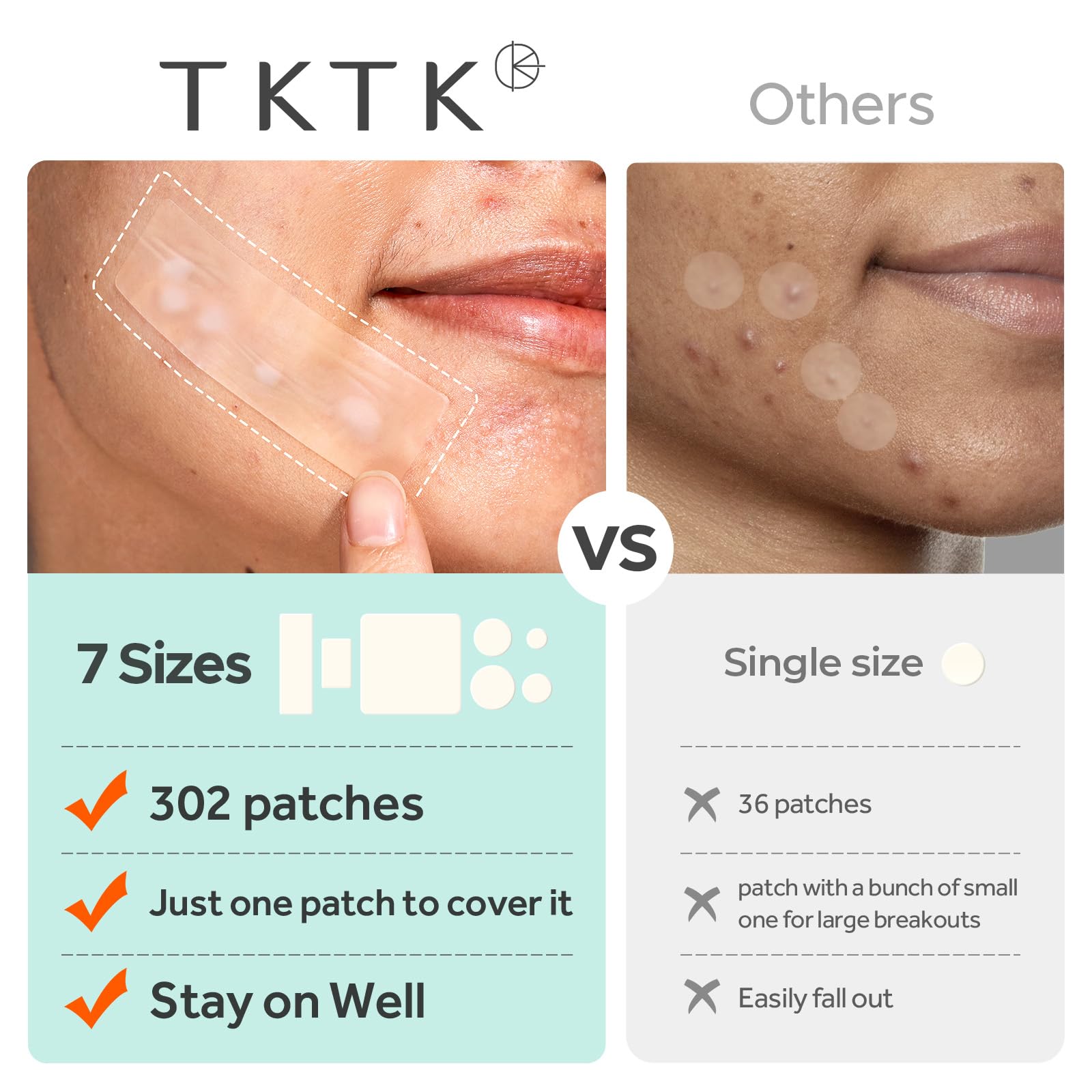 TKTK Large Pimple Patches for Face, 7 Sizes XL Acne Patches, Big Hydrocolloid Bandages for Body, Chin, Forehead, Chest, Back Zit Breakouts, Hydrocolloid Patch (Strip, Square, Dot 302 Count)