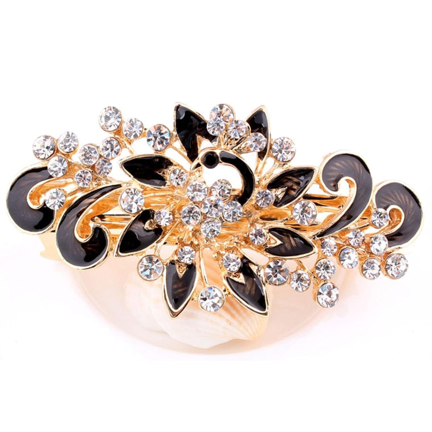 So Beauty Women's Multilayered Peacock Shaped Rhinestone French Barrette Hair Clip Black