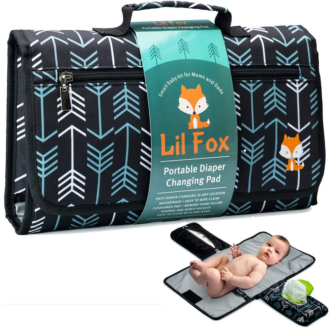 Lil Fox Portable Changing Pad - One-Hand Diaper Change Pad for Baby Diaper Bag or Changing Table. Unisex Baby Shower Gifts, Newborn Essentials