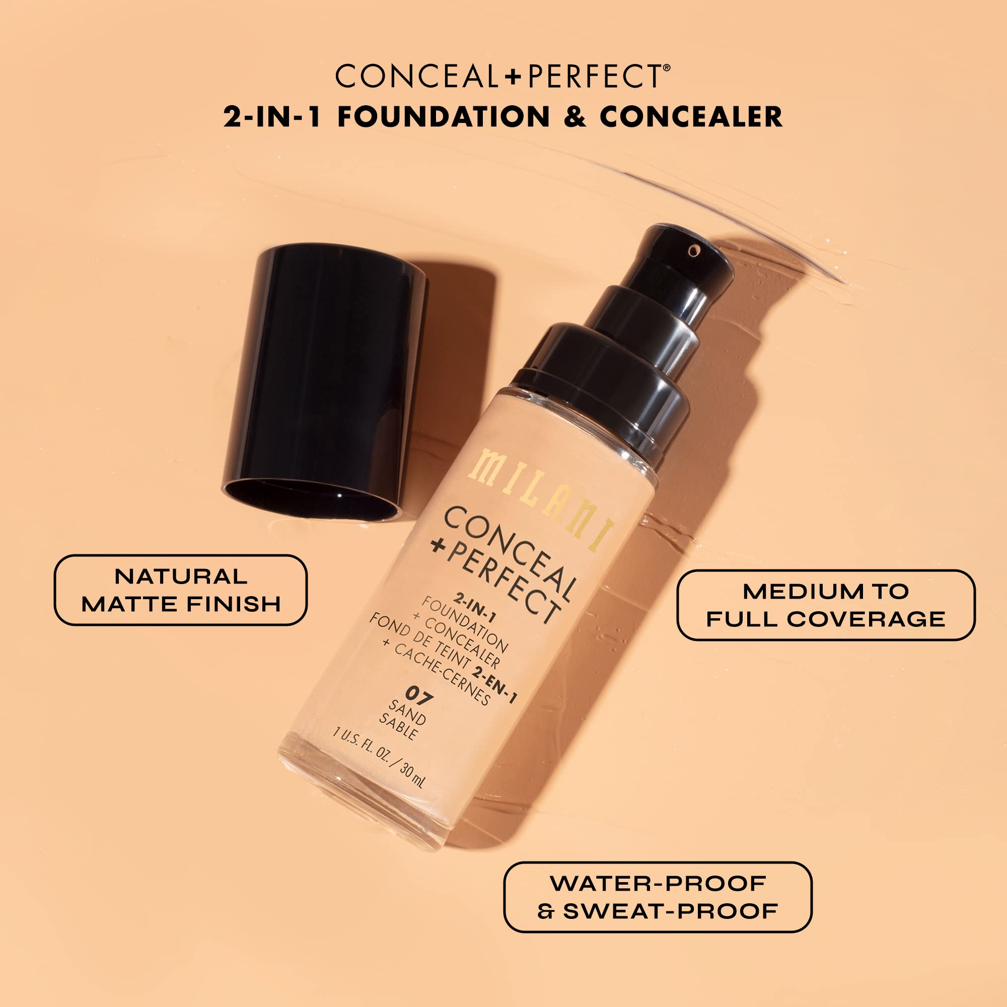 Milani Conceal + Perfect 2-In-1 Cruelty-Free Natural Full Coverage Liquid Foundation + Concealer (Warm Sand, 1 Fl. Oz.) Blemishes & Skin Discoloration, Dry
