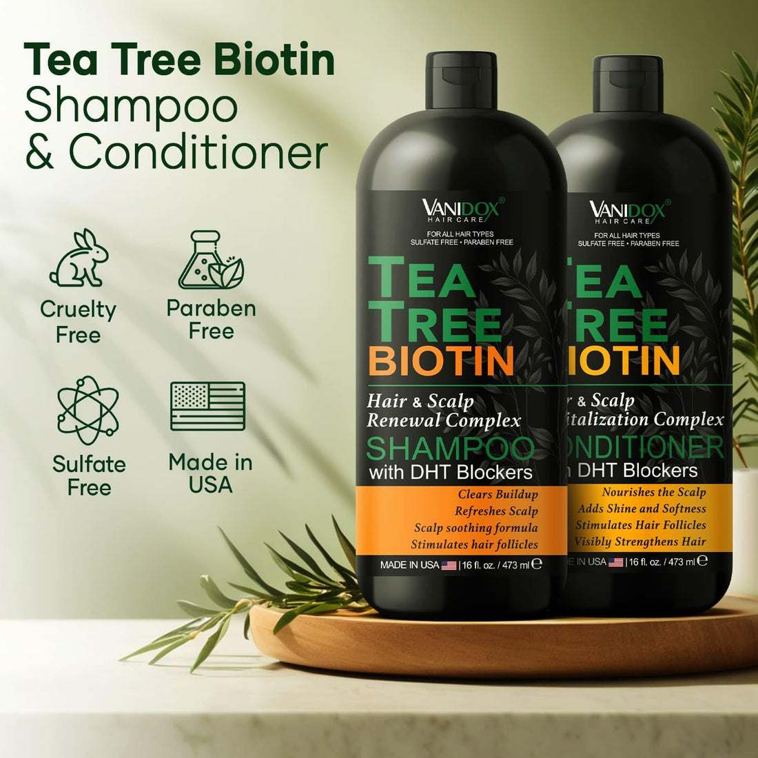 VANIDOX Tea Tree Shampoo and Conditioner Set With Biotin for Itchy and Dry Scalp - Sulfate and Paraben Free - 100% Pure Tea Tree Oil - 16 fl. oz. Each