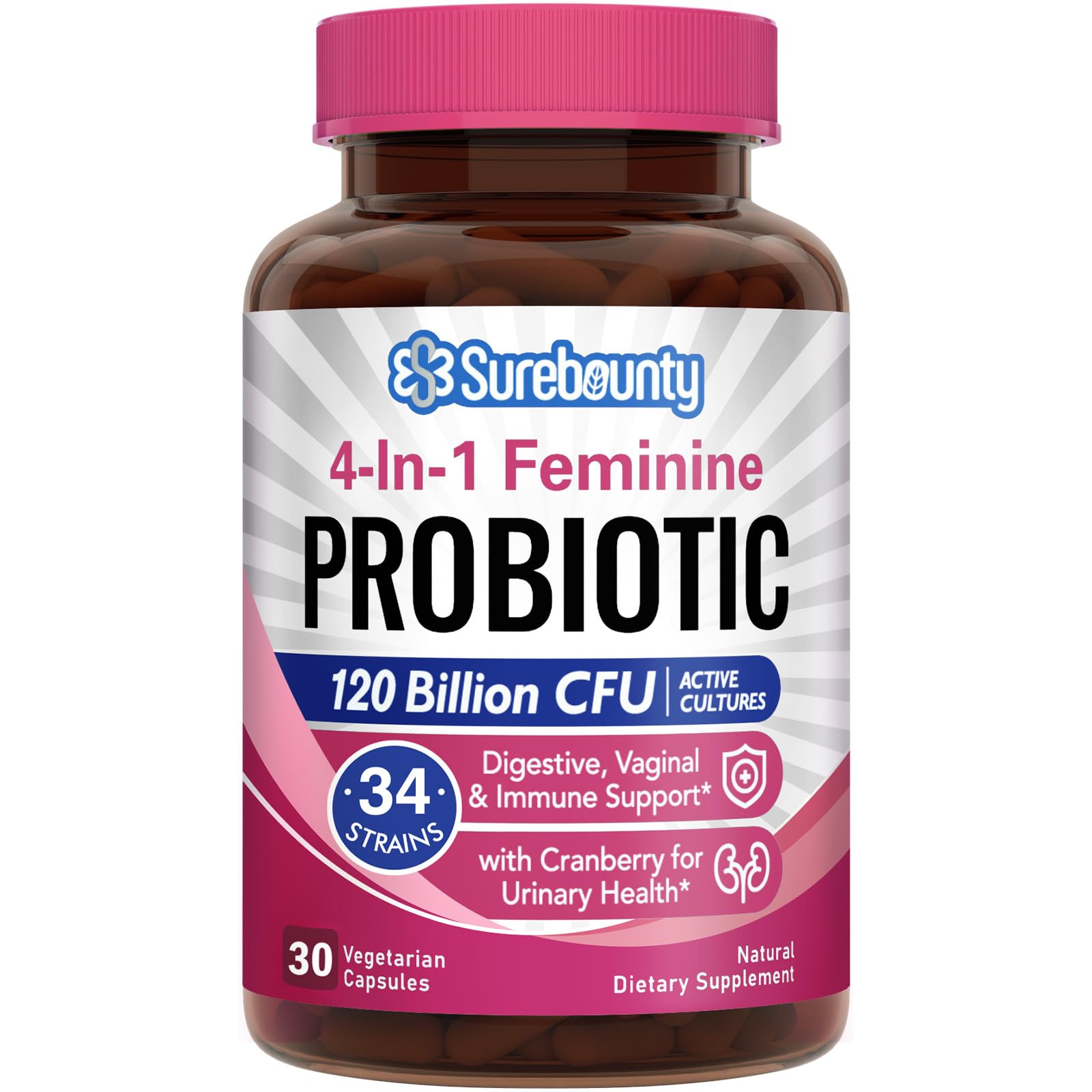 Surebounty Probiotics for Women, 120 Billion CFU 34 Strains, Prebiotics, Digestive Enzymes, Cranberry, 4-in-1 Feminine Probiotic, Digestive, Vaginal, Immune Support, 30ct