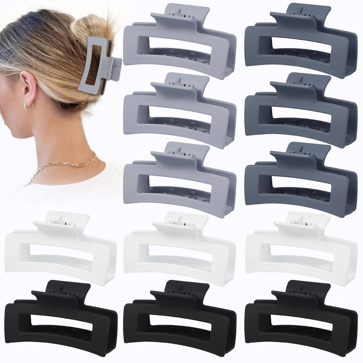 Sisiaipu Hair Claw Clips - Medium 3.5 Inch, 12 Pcs Grey Rectangular Jaw Clips for Thick & Thin Hair - Women & Girls