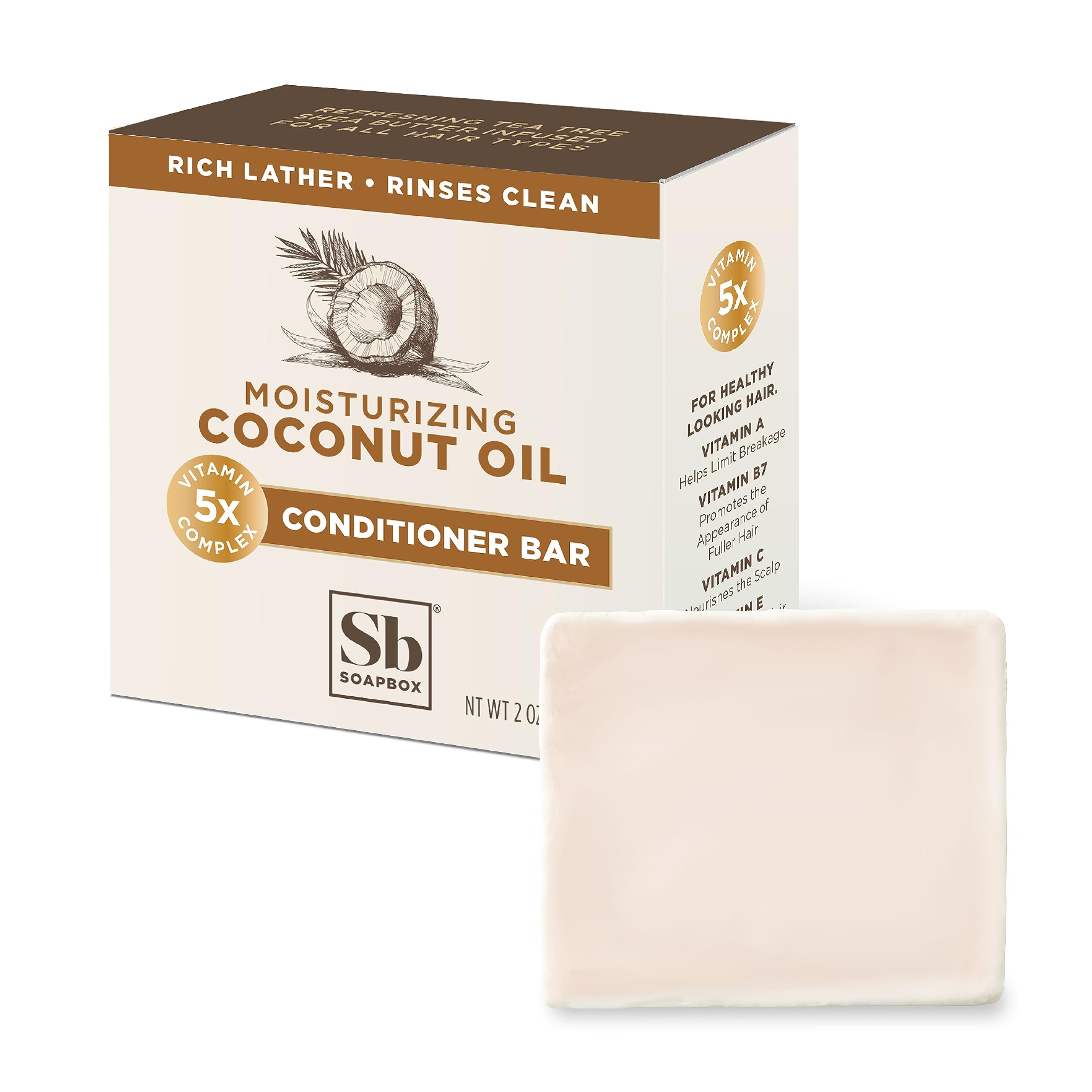 Soapbox Hair Conditioner Bar with Coconut Oil to Moisturize and Nourish Dry Damaged Hair - 2oz Solid Conditioner, Low Plastic, Vegan, Sulfate Free, Paraben Free