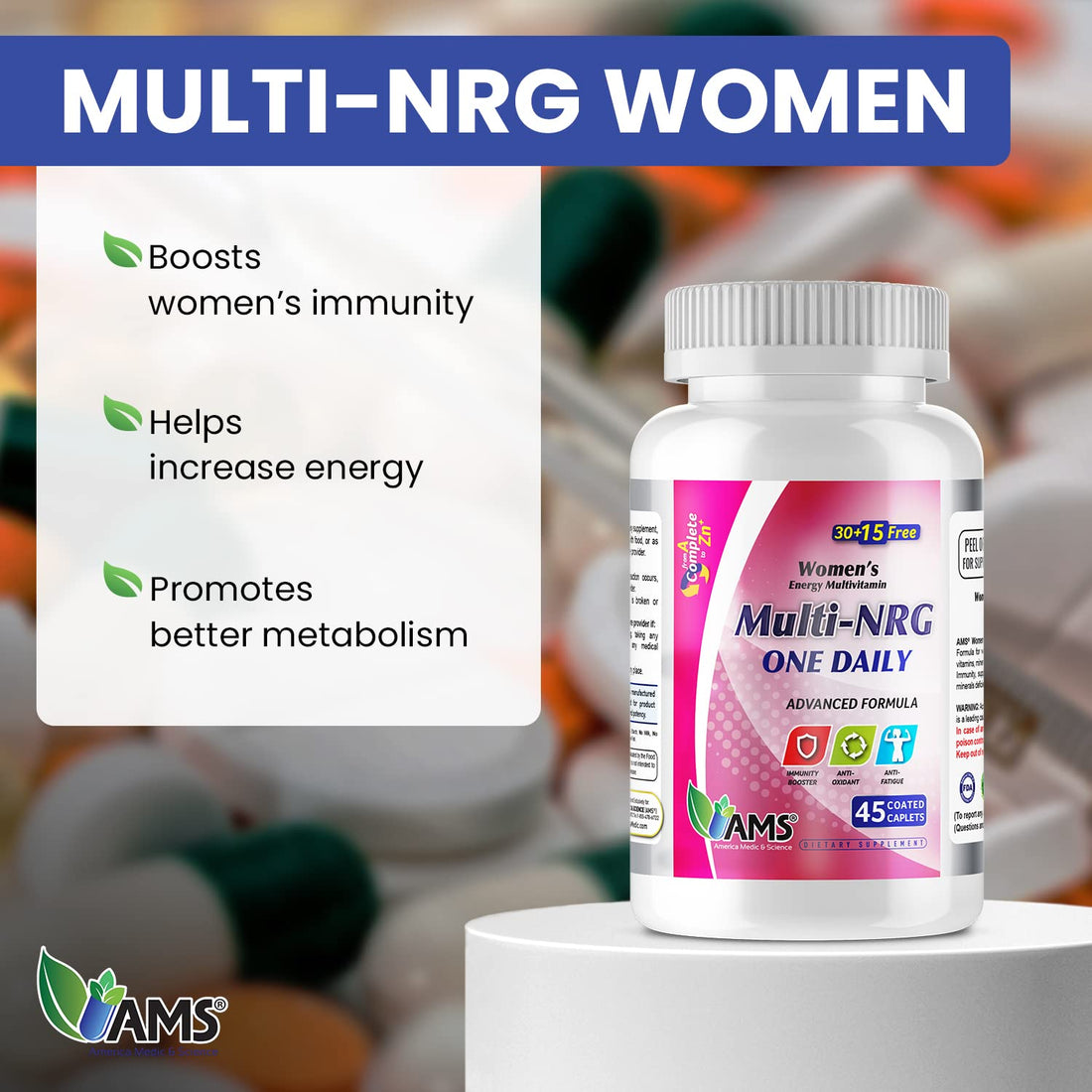 America Medic & Science Multivitamins for Women, Multi-NRG, 45 Coated Caplets, One Daily, Immune Support Supplements, Vitamin C & B Complex, Vital Micro-Nutrients & Natural Herbal Ingredients.