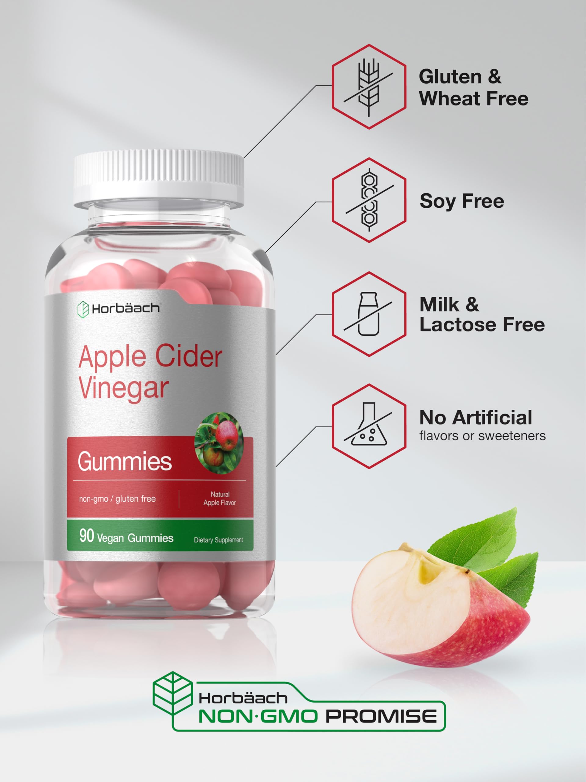 Horbäach Vegan Apple Cider Vinegar Gummies | 90 Count | ACV Supplement | Apple Flavor | Non-GMO, Gluten Free Gummies for Adults