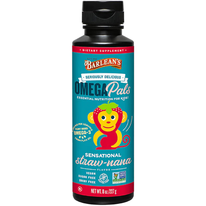 Barlean's Omega Pals Omega 3 for Kids, Yummy Straw-Nana Flavored Children's Liquid Flax Seed Oil Supplement with 1,483 mg ALA, Non-GMO, Vegan Brain and Eye Health, 8 oz