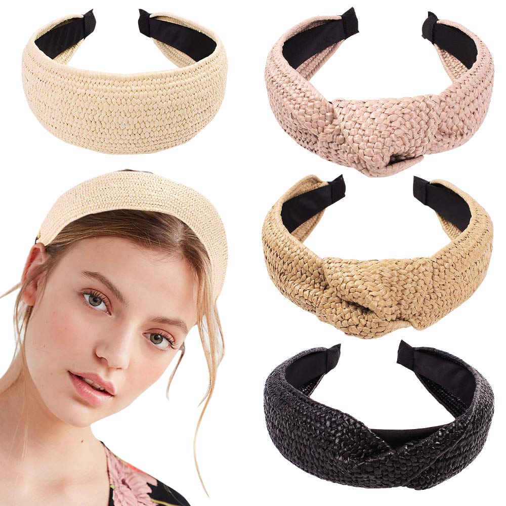 Women Hair Head Bands Headbands - Straw Knotted Beach Lafite Head Band for Women’s Hair Turban Wide Thick Twist Hairbands For Girls Washing Face Makeup and Beach Holiday