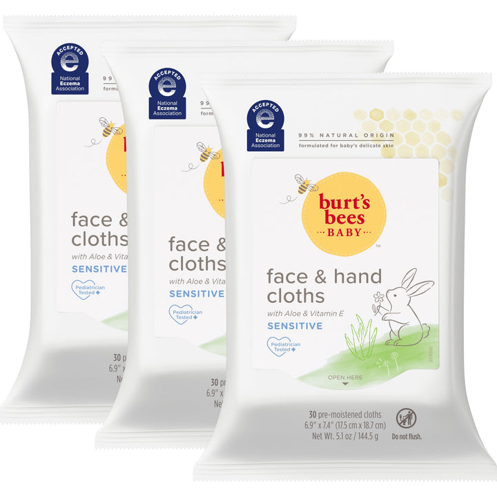 Burt's Bees Baby Face & Hand Cloths, Unscented Cleansing Wipes for Sensitive Skin - 30 Wipes, Pack of 3