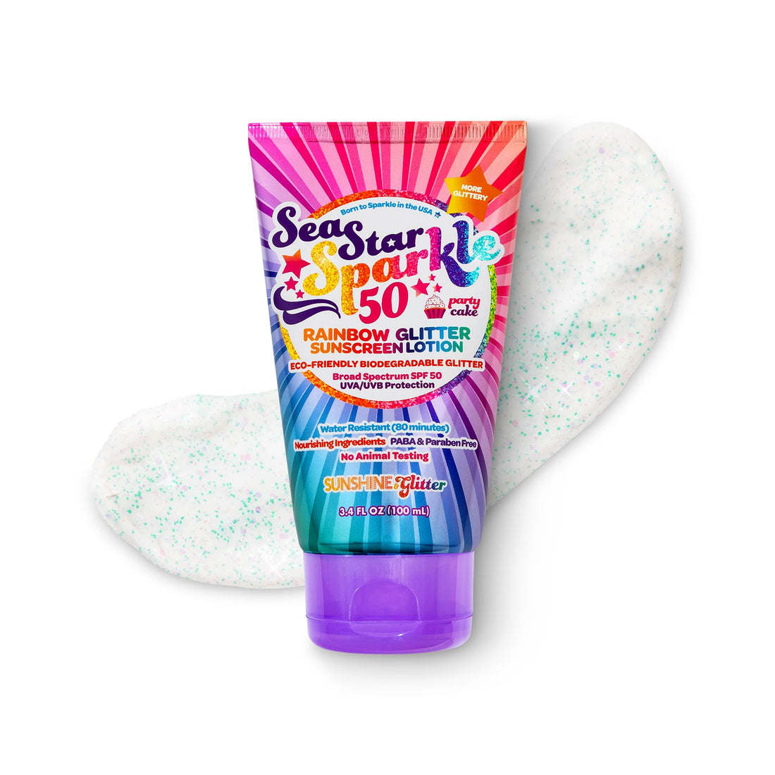 Seastar Sparkle - Rainbow Party Cake Scented Glitter Sunscreen - SPF 50 - Biodegradable Sunscreen, Kids, Water Resistant, Glitter lotion, Cruelty Free, Kids Lotion, Made in USA, 3.4oz
