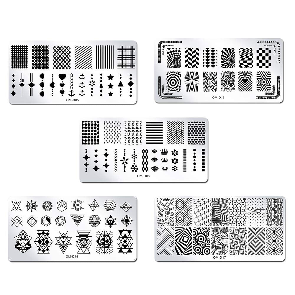 WOKOTO 5Pcs Nail Plates Stamping Set With Classic Geometric Stars Nail Image Plate Stamping Nail Art Kit With Stamper And Scraper Kit For Women Girls