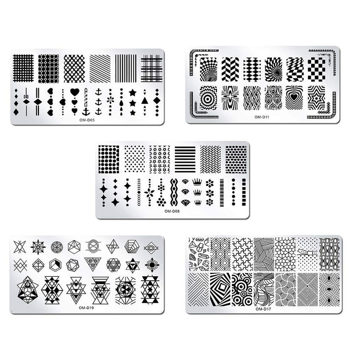 WOKOTO 5Pcs Nail Plates Stamping Set With Classic Geometric Stars Nail Image Plate Stamping Nail Art Kit With Stamper And Scraper Kit For Women Girls