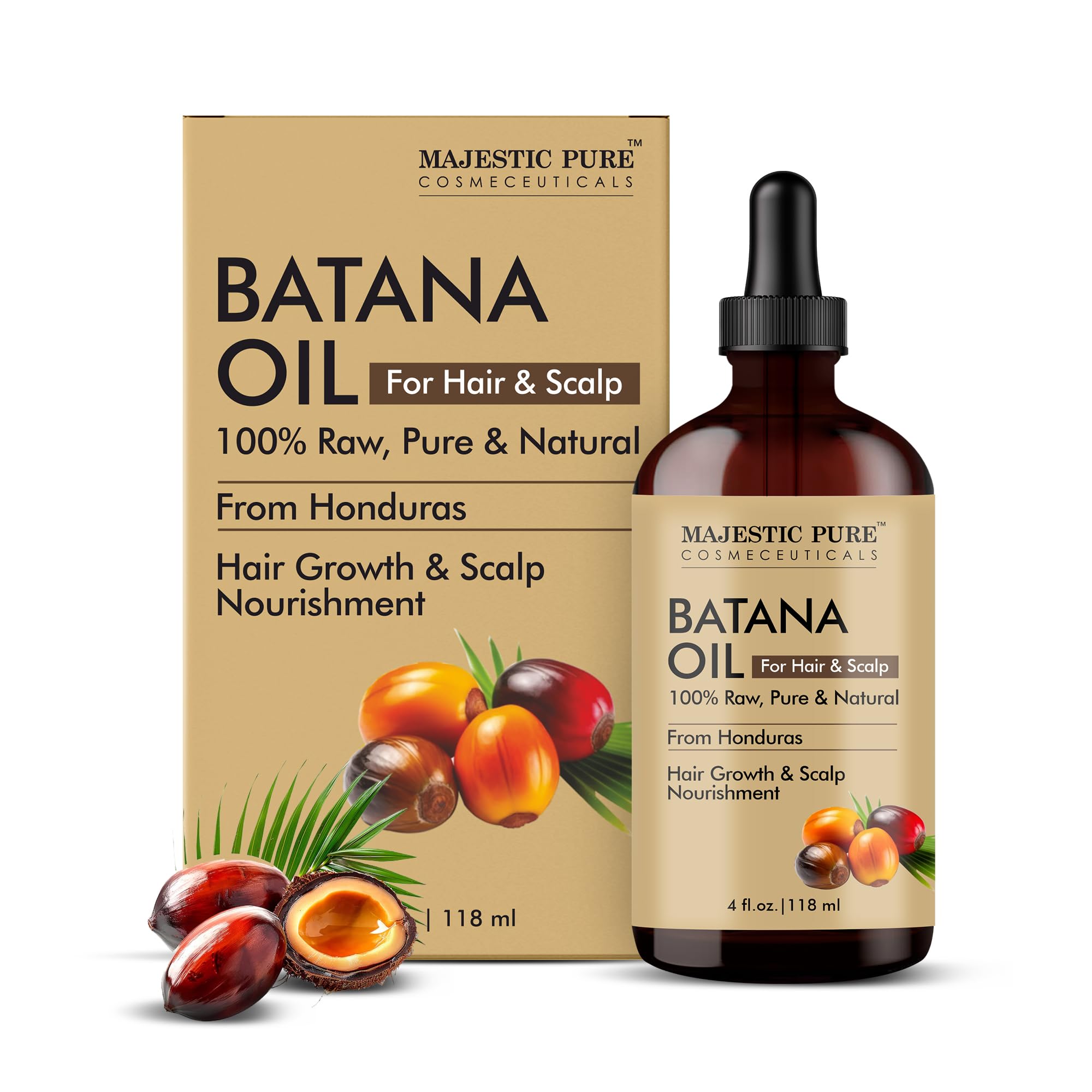 Majestic Pure Batana Oil for Hair & Scalp Nourishment, Strengthening, Nourishing, Voluminizing - Non GMO Verified, 4 Fl Oz