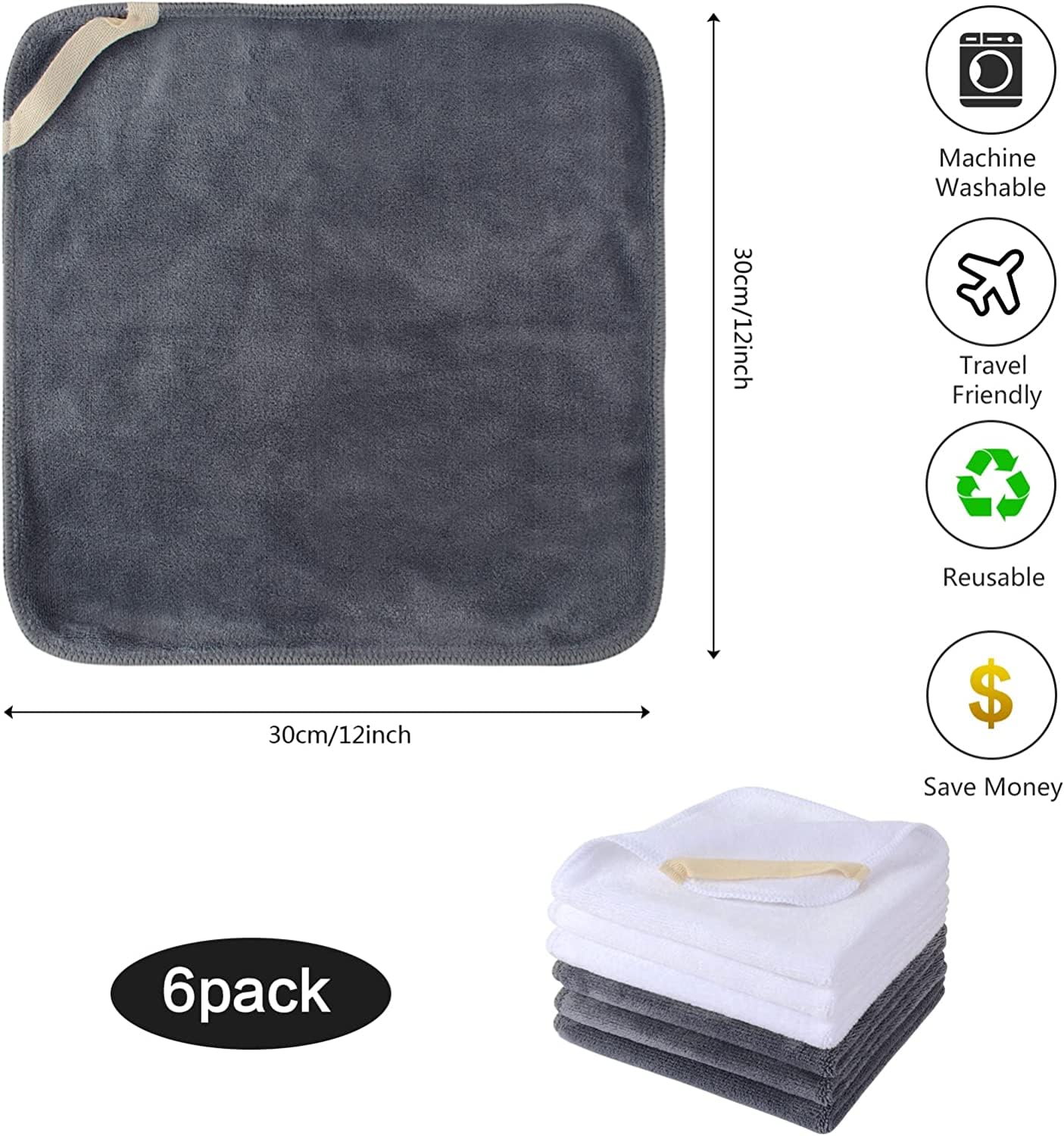 Sinland Microfiber Facial Cloths Fast Drying Washcloth 12inch x 12inch Grey 3pack + White 3pack