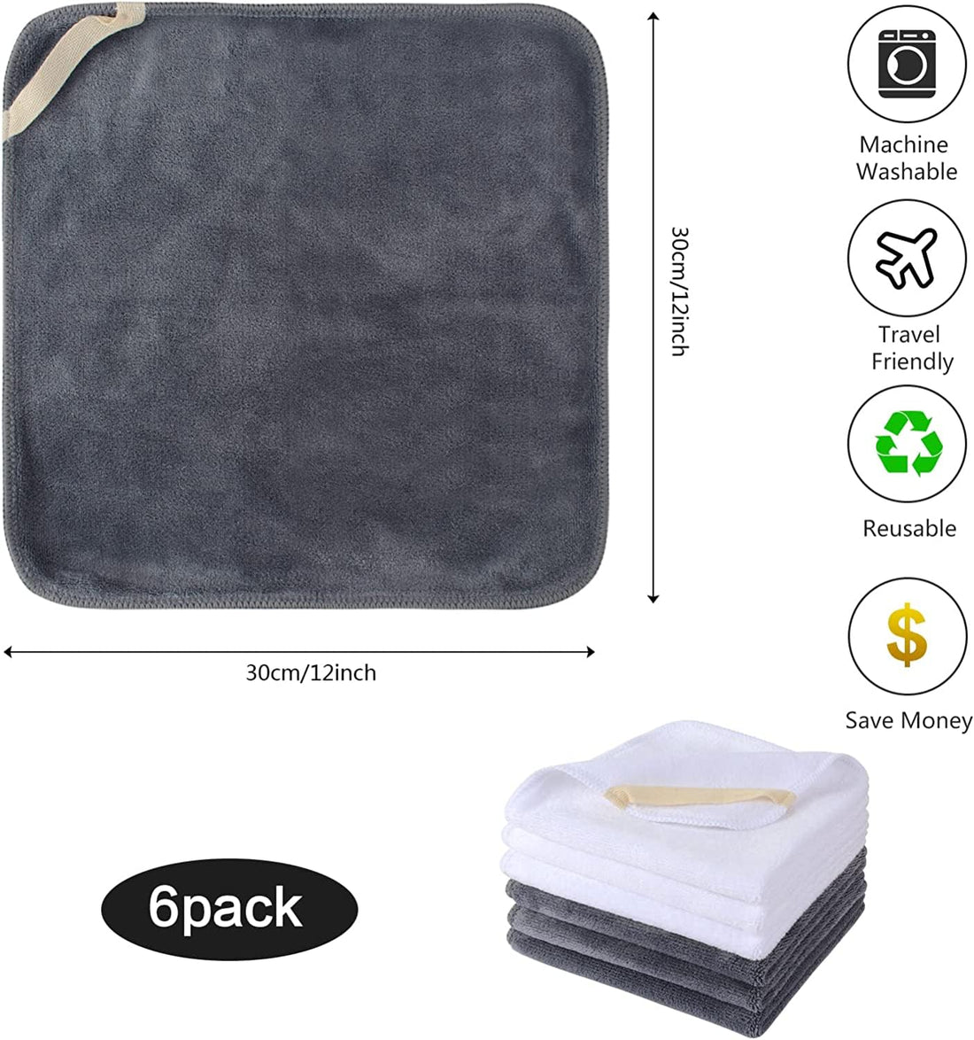 Sinland Microfiber Facial Cloths Fast Drying Washcloth 12inch x 12inch Grey 3pack + White 3pack