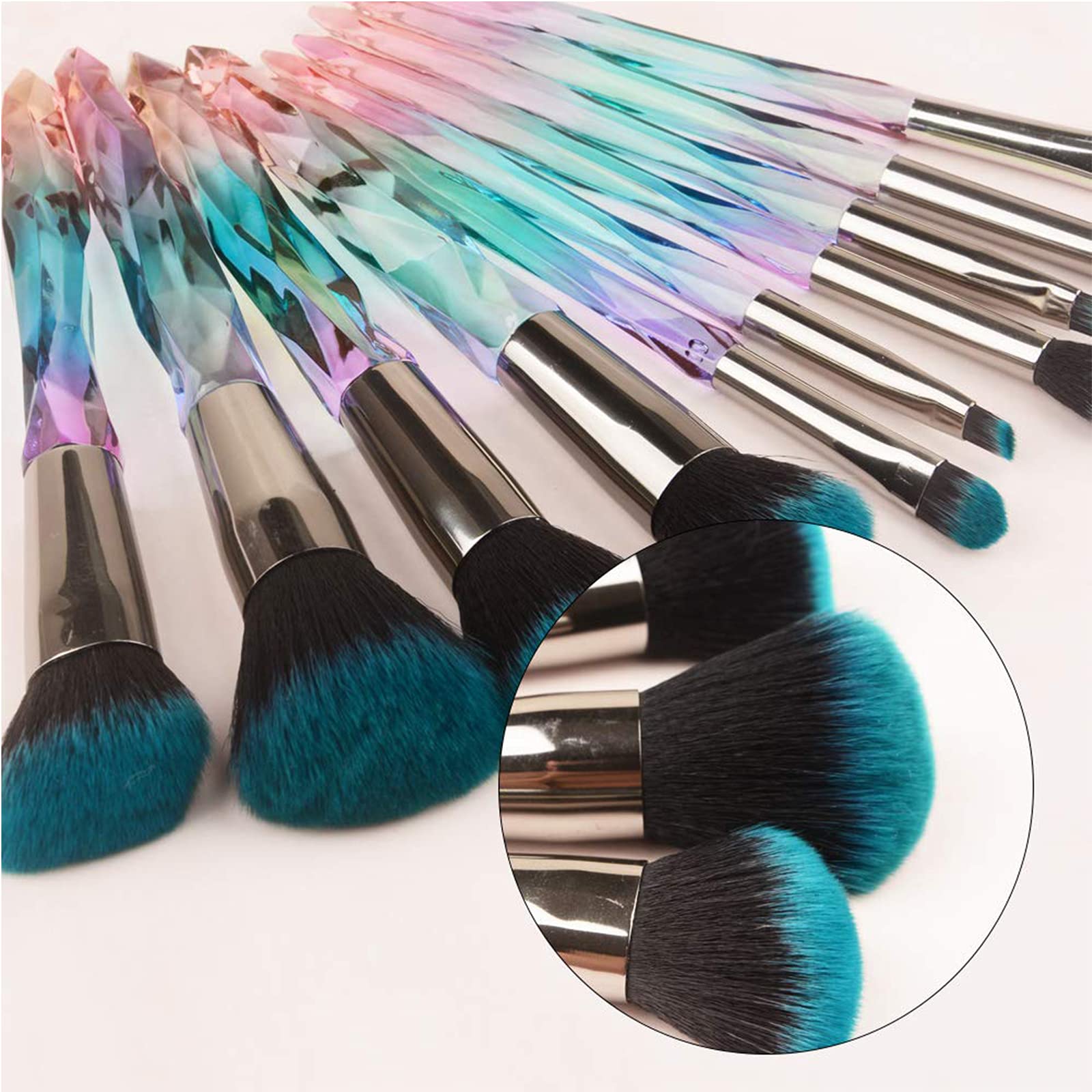 Daxstar Makeup Brushes Crystal Handle,10pcs Colorful Professional Diamond Cosmetic Brush Set for Kabuki Concealer Face Powder Eye Shadow Highlight Blue Unicorn Brush Kit for Make-up