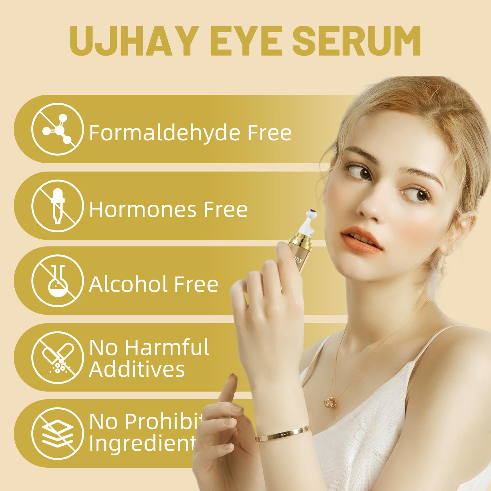 UJHAY 5% Caffeine Eye Cream, Under Eye Serum for Dark Circles, Puffiness & Wrinkles Fine Lines, Eye Roller Serum with 360° Massage Ball, Eye Treatment Balm for Men & Women