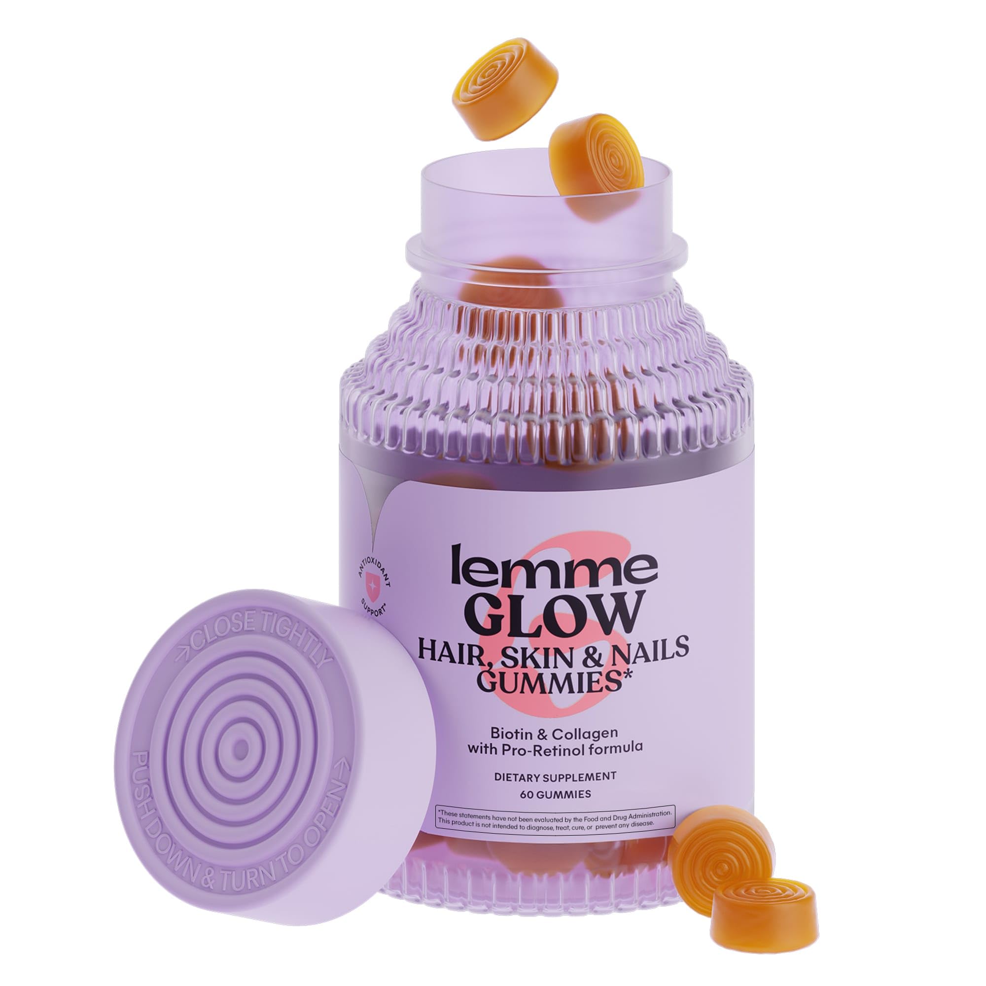 Lemme Glow Collagen Gummies for Thick Hair, Strong Nails & Healthy Skin with Multi-Collagen Peptides, Biotin, Trace Minerals, Zinc, Vitamins A, C & E, Dairy & Gluten Free, Peach Flavor, 60 ct.