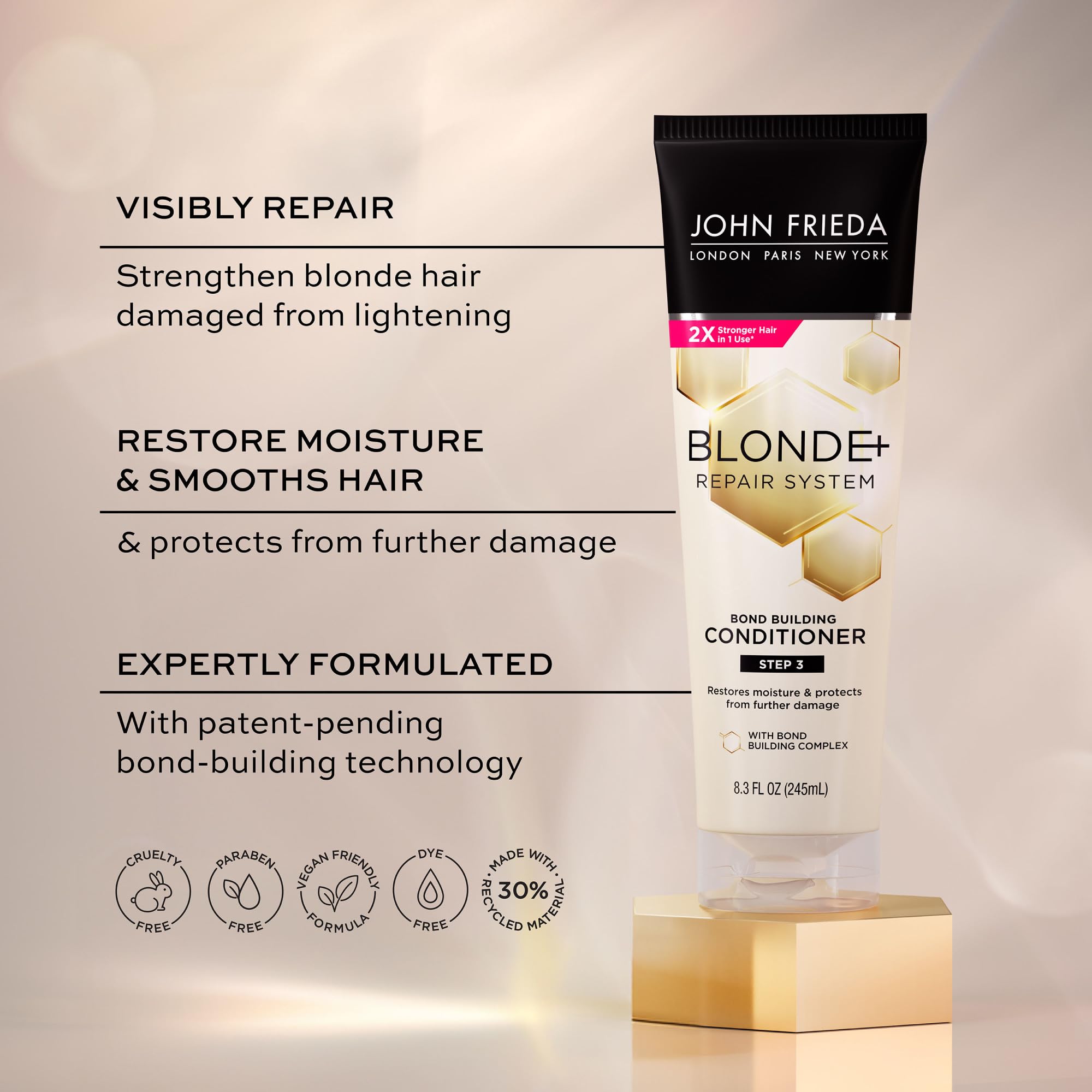 John Frieda Blonde+ Hair Repair System, Conditioner with Bond Building Complex, Restores Moisture and Protects Hair From Further Damage, Step 3 of Hair Repair System, 8.3 Oz