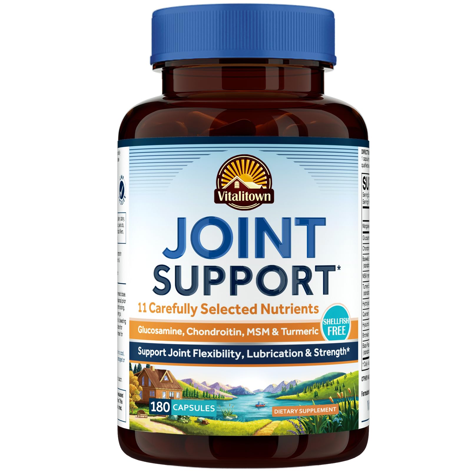 Vitalitown Glucosamine Chondroitin MSM, Joint Support Supplement, Turmeric, Collagen, 11-in-1 Joint Health Formula, Glucosamine Sulfate 1500 mg, No Shellfish, Joint Flexibility & Comfort, 180 Caps