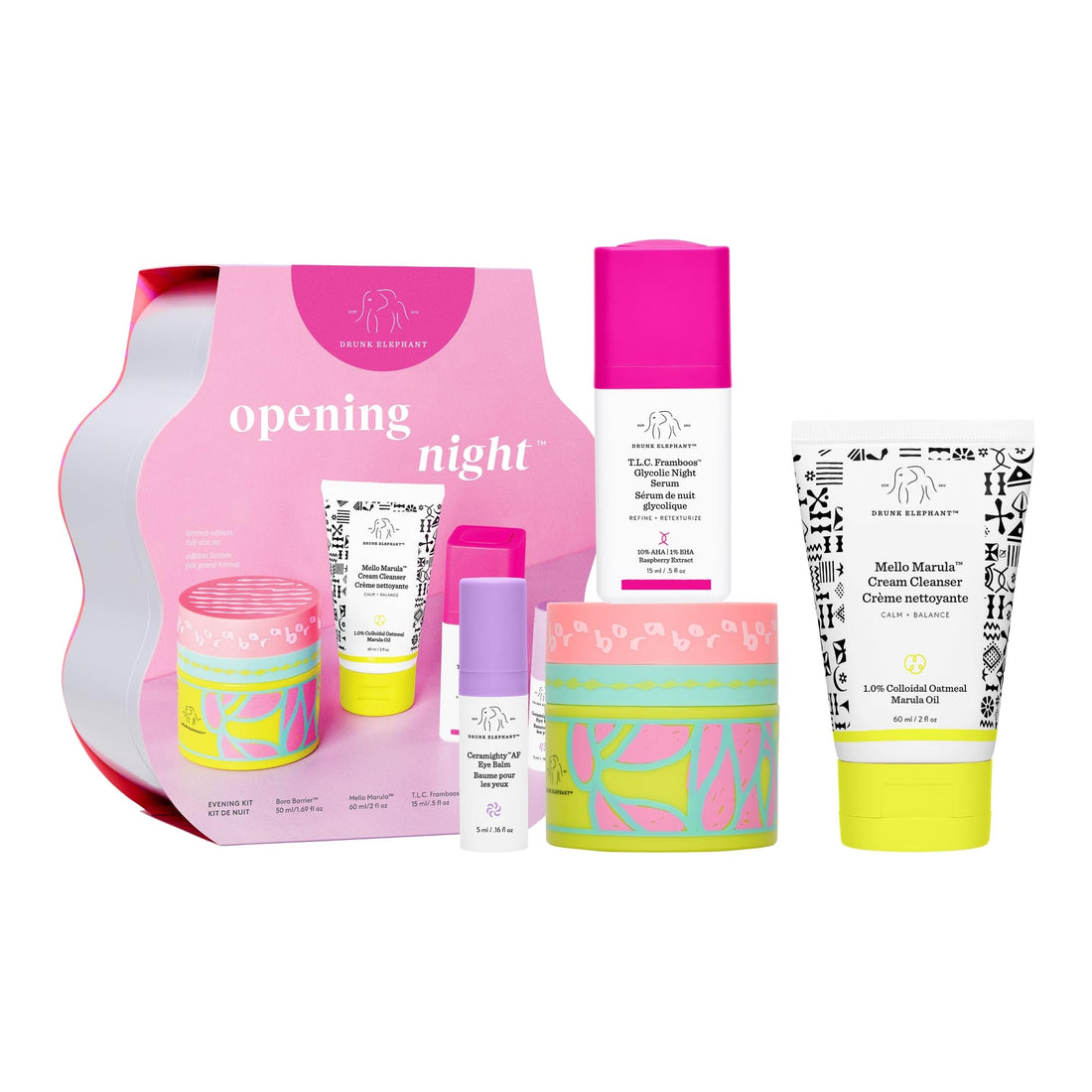 Drunk Elephant Opening Night Kit - Bora Barrier Cream (50ml/1.69 fl oz), Mello Marula Cream Cleanser (60ml/2 fl oz), TLC Framboos Glycolic Night Serum (15ml/.5 oz), Ceramighty Cream (5ml/.16 fl oz)
