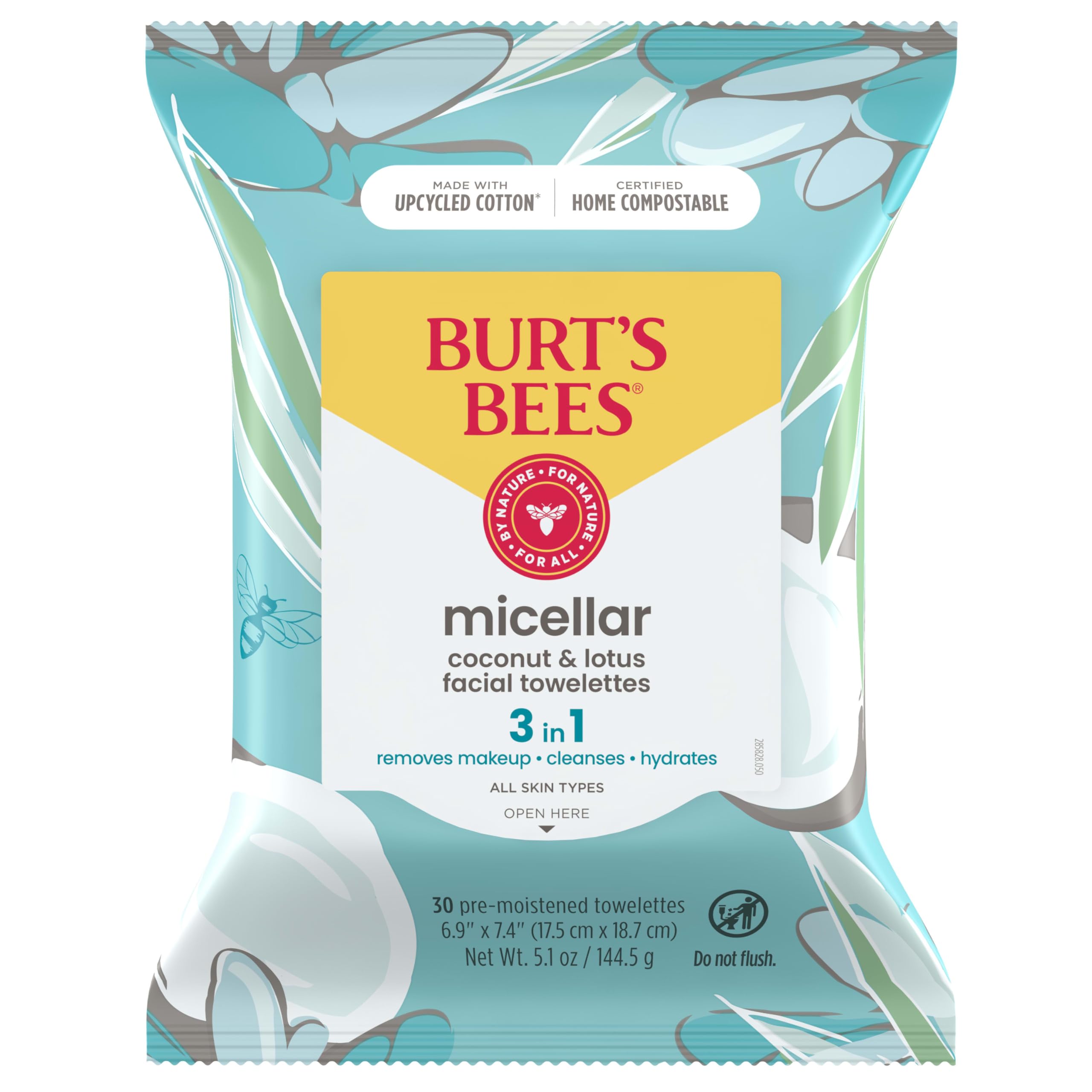 Burt's Bees Micellar Facial Towelettes With Coconut and Lotus, Pre-Moistened Towelettes for All Skin Types, 99.5 Percent Natural Origin Skin Care, 30 ct. Package