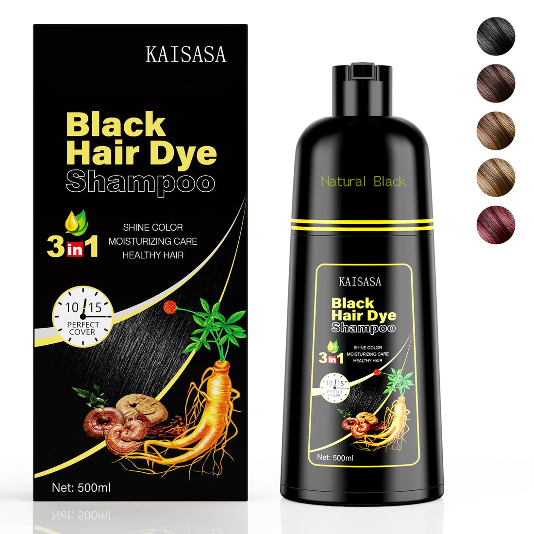 KAISASA Black Hair Dye Shampoo 3 in 1, Hair Color Shampoo for Women and Men, Natural Black Hair Dye to Cover Gray Hair, Herbal Ingredient Shampoo for Grey Hair Coverage 500ml (Black)