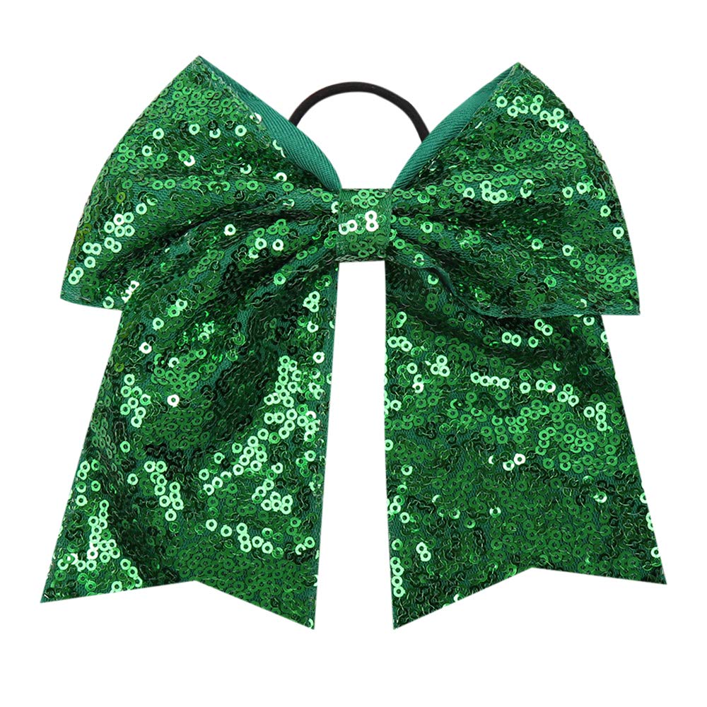 Oaoleer 12PCS 7 Large Glitter Cheer Hair Bows Ponytail Holder Elastic Band Handmade for Cheerleading Teen Girls College Sports (Green)