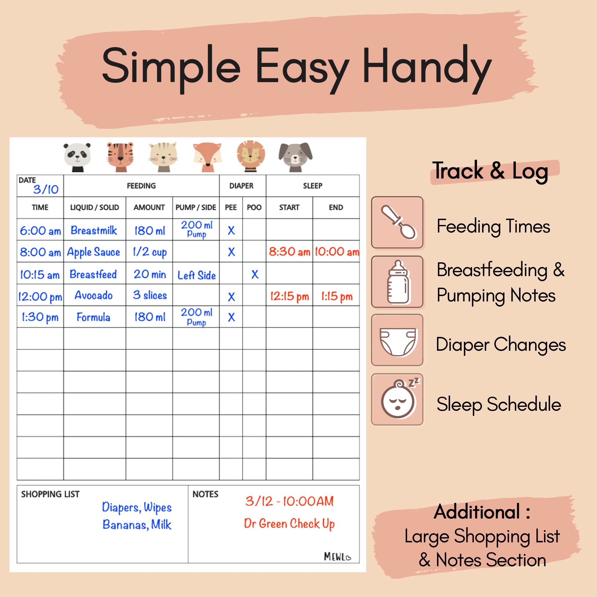 Mewl Baby Daily Log Whiteboard - Reusable Baby Tracker to Log Feeding, Diapers & Sleep - Newborn Baby Journal & Schedule Chart for New Parents, Nanny, Babysitter - Pregnancy & New Mom Gift