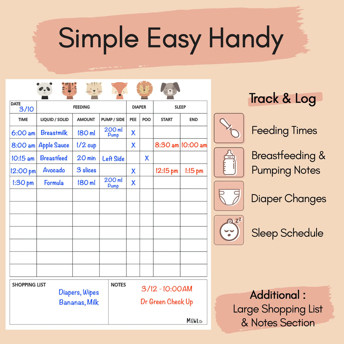 Mewl Baby Daily Log Whiteboard - Reusable Baby Tracker to Log Feeding, Diapers & Sleep - Newborn Baby Journal & Schedule Chart for New Parents, Nanny, Babysitter - Pregnancy & New Mom Gift