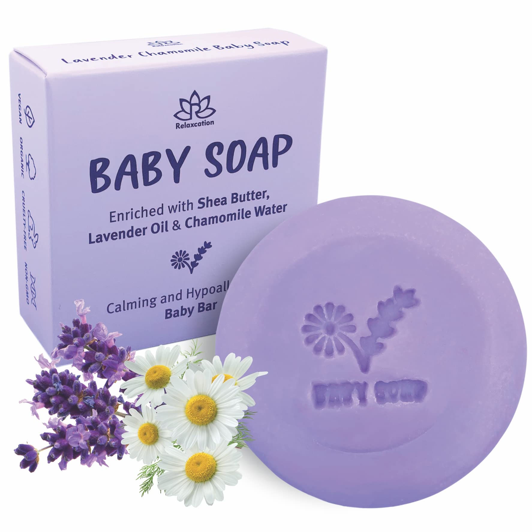 Relaxcation MADE IN USA LAVENDER & CHAMOMILE BABY Soap Bar for KIDS with Lavender Essential Oils, Organic Chamomile Water, and Shea Butter - Naturally Cold Processed in the USA
